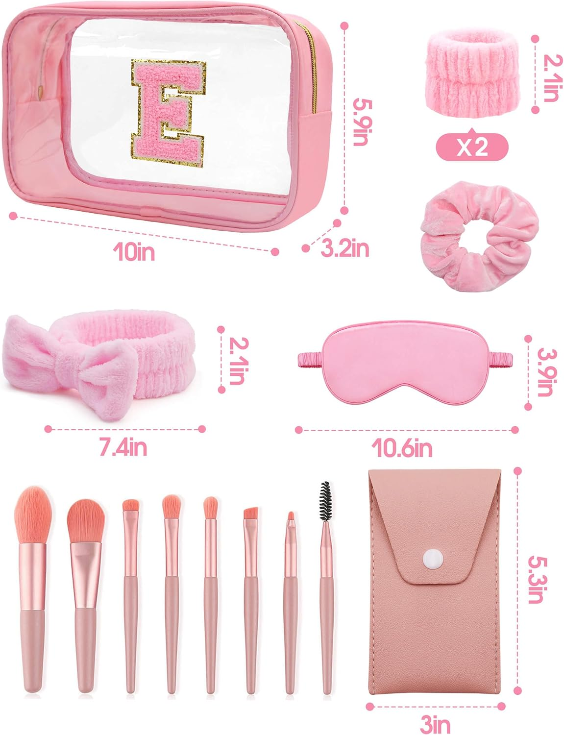 Gift Sets for Women, Initial Makeup Bag with Makeup Brush Set Bachelorette Party Favors, Pink Spa Kit with Skincare Headbands Wrist Bands Sleepover Party Supplies Gifts for Teen Girls Bridesmaid E image number 3