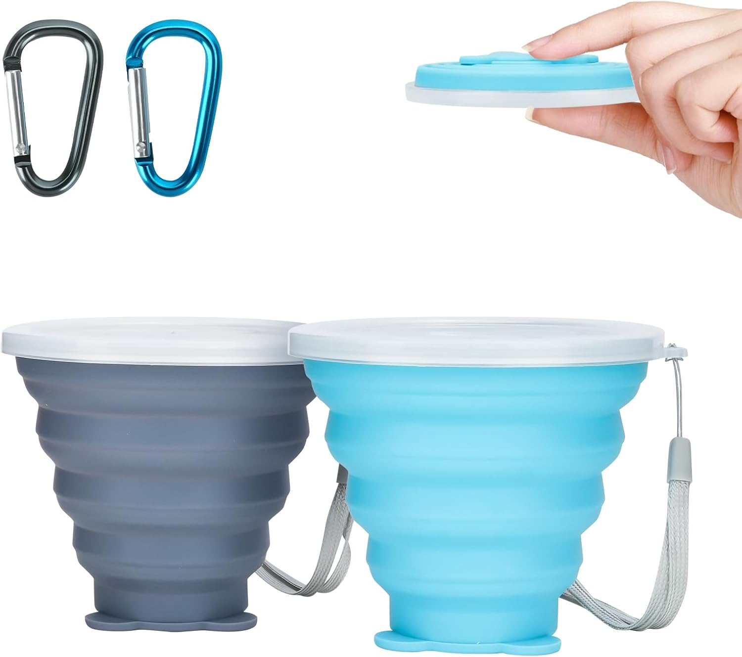 WRENYZK Pack of 2 Foldable Cups with Lid, 250 Ml, Reusable Foldable Cup, Travel Mug, Portable Silicone Cup, Outdoor Camping Folding Cup for Travel, Sports, Picnic, Hiking (Blue, Grey) image number 2