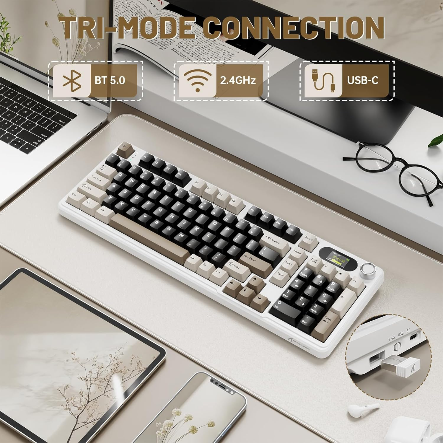 MAMBASNAKE &times; Attack Shark X98 Wireless Mechanical Keyboard,Led Screen&Knob,Tri-Mode BT/2.4G/USB-C Gasket RGB Gaming Keyboard,Sound Dampening, Hot- Swappable,Pre-Lubed Linear Switches-White image number 3