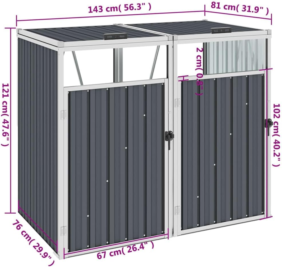 Double Garbage Bin Shed Grey 143X81X121 Cm Galvanised Steel Storage for Wheelie Bins, Weather-Resistant with Lifting Lids image number 4
