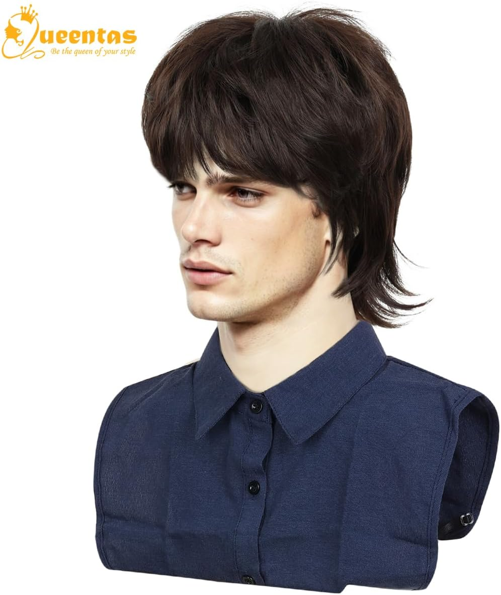 QUEENTAS Short Brown Wig for Men 70S Disco Rocker Punk Wig Mullet Wolf Men Hair Wigs for Daily Cosplay Synthetic Wig image number 4