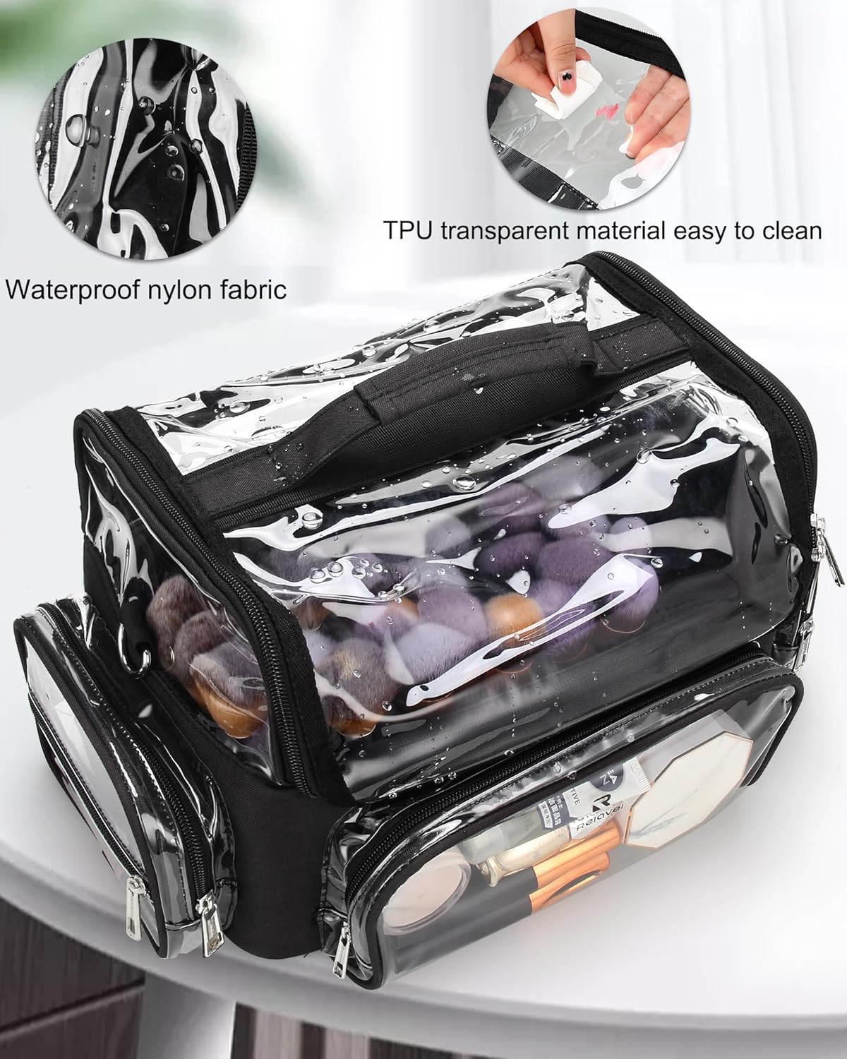 Makeup Brush Case, Large Makeup Brush Holder Professional Makeup Artist Travel Case Clear Waterproof Cosmetic Organizer Bag, with Adjustable Strap and Dividers, I Clear, X Large, Makeup Brush image number 7