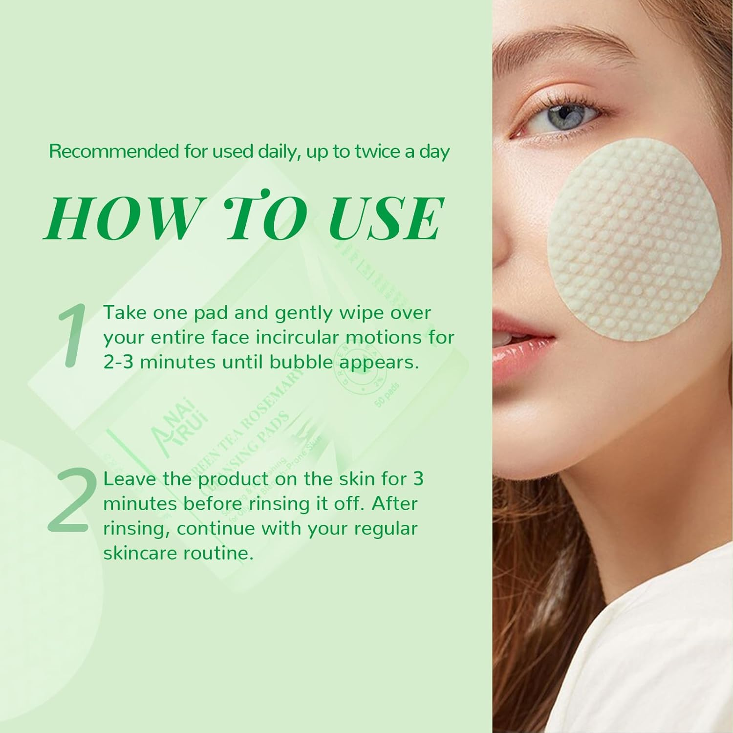 ANAI RUI Green Tea Rosemary Cleansing Pads with Bubbles, Make-Up Remover Pads, Face Scrub Pad with Tea Tree Oil Centella, Exfoliating Deep Cleansing Pad for Face and Body, 50 PCS image number 1