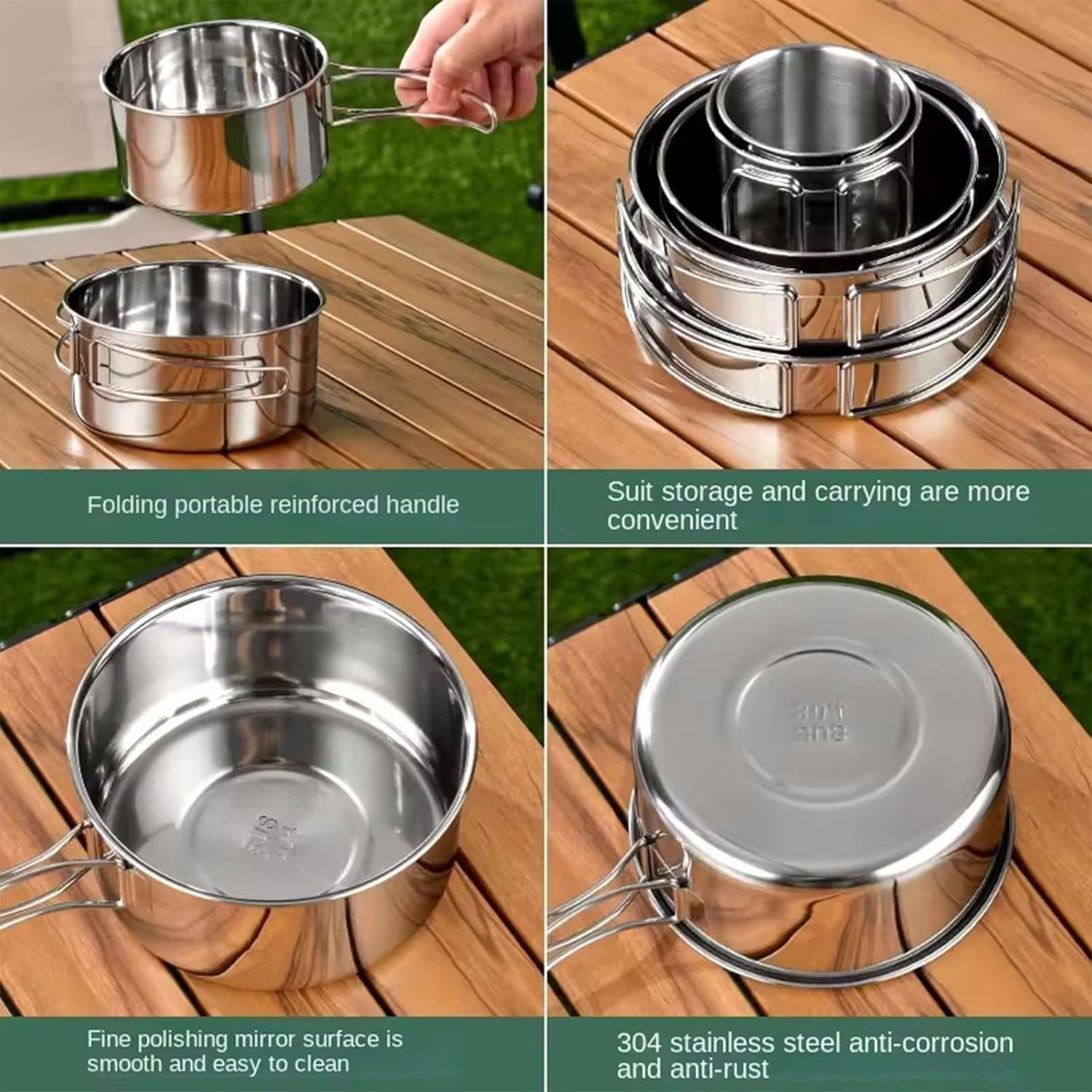 8Pcs Stainless Steel Camping Cookware Set, Camping Cooking Equipment, 2-3 People, Compact, Easy to Carry, Complete Set, Healthy & Safe image number 4