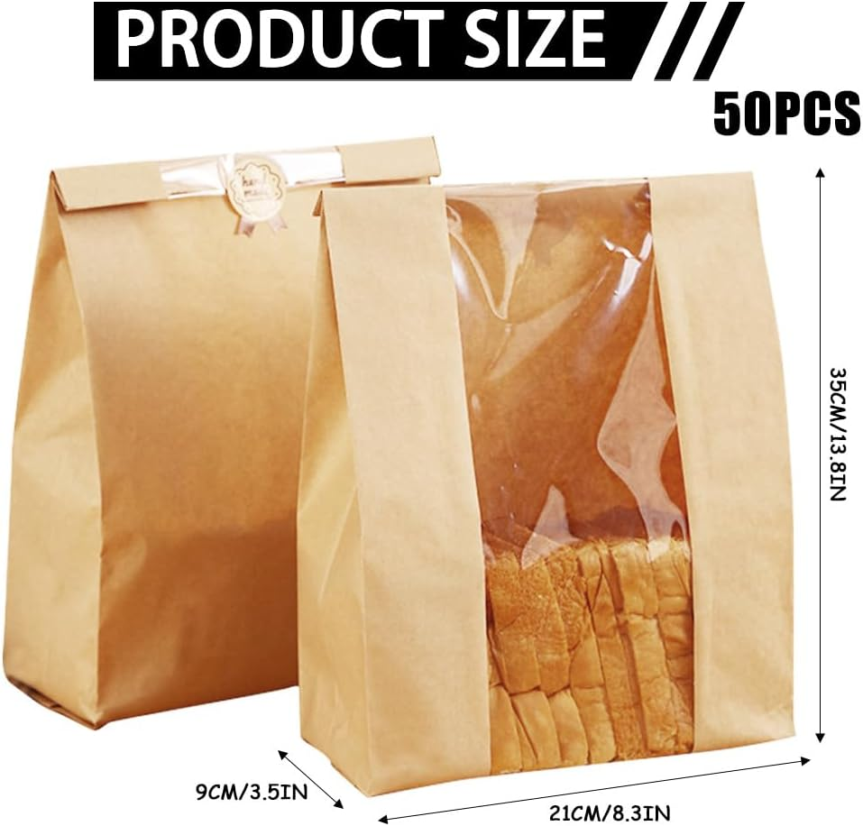 50 Pack Large Paper Bread Bags with Window for Homemade Sourdough Loaves - Bread Bags for Homemade Bread Storage and Gift Giving with Label Seal Stickers image number 4