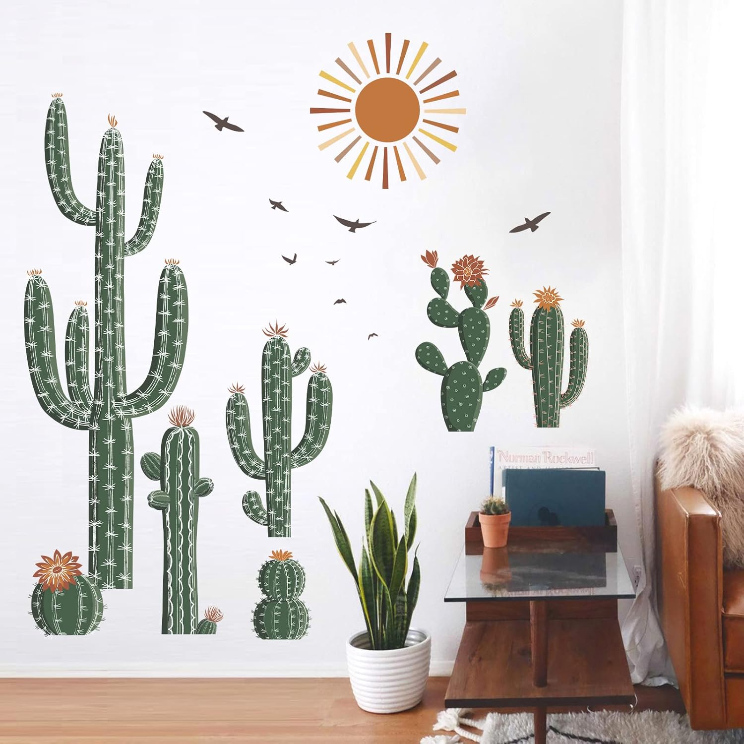 Wondever Boho Cactus Wall Stickers Tropical Cacti Green Plants Peel and Stick Wall Art Decals for Living Room Bedroom Dining Room image number 1