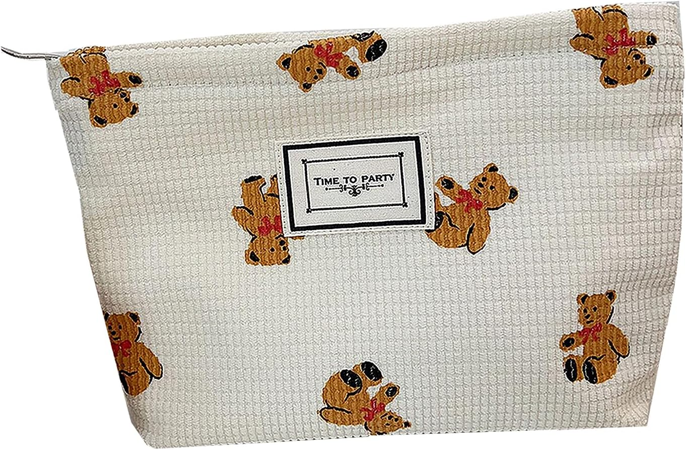 Gidary Cosmetic Bag Makeup Bag Preppy Cute Teddy Bear Corduroy Toiletry Bag for Women Travel Essentials (White-2)