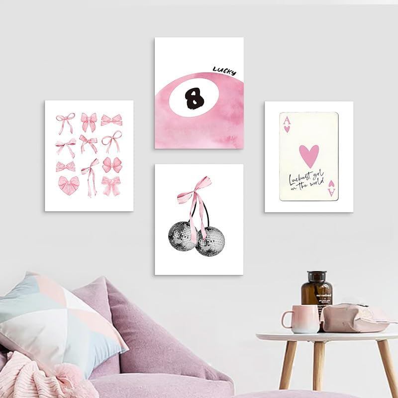 ZIENVE Pink Coquette Wall Art Prints &ndash; Set of 4 Trendy Preppy Room Decor, Aesthetic Pink Bow, Disco 8 Ball, Cherry Posters for Girls&rsquo; Bedroom & Dorm, 20 X 25Cm Unframed image number 4