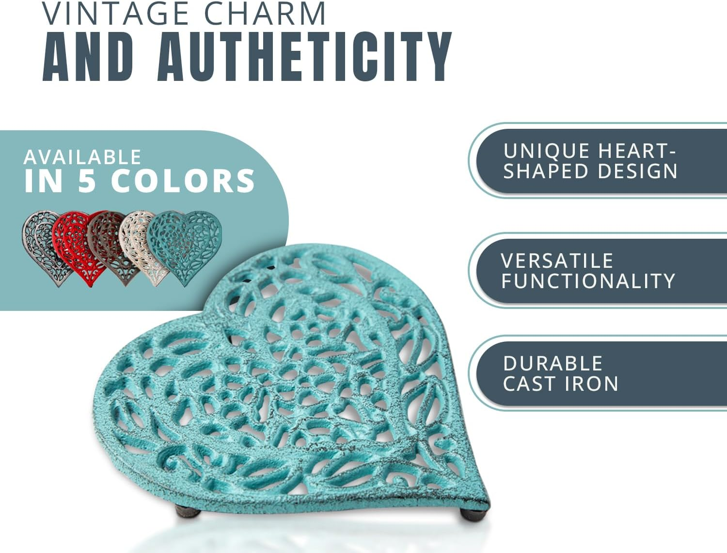 Cast Iron Heart Trivet - Decorative Cast Iron Trivet for Kitchen or Dining Table - Vintage, Rusted Design - 6.75X6.5" - with Rubber Pegs/Feet - Recycled Metal - Blue image number 3