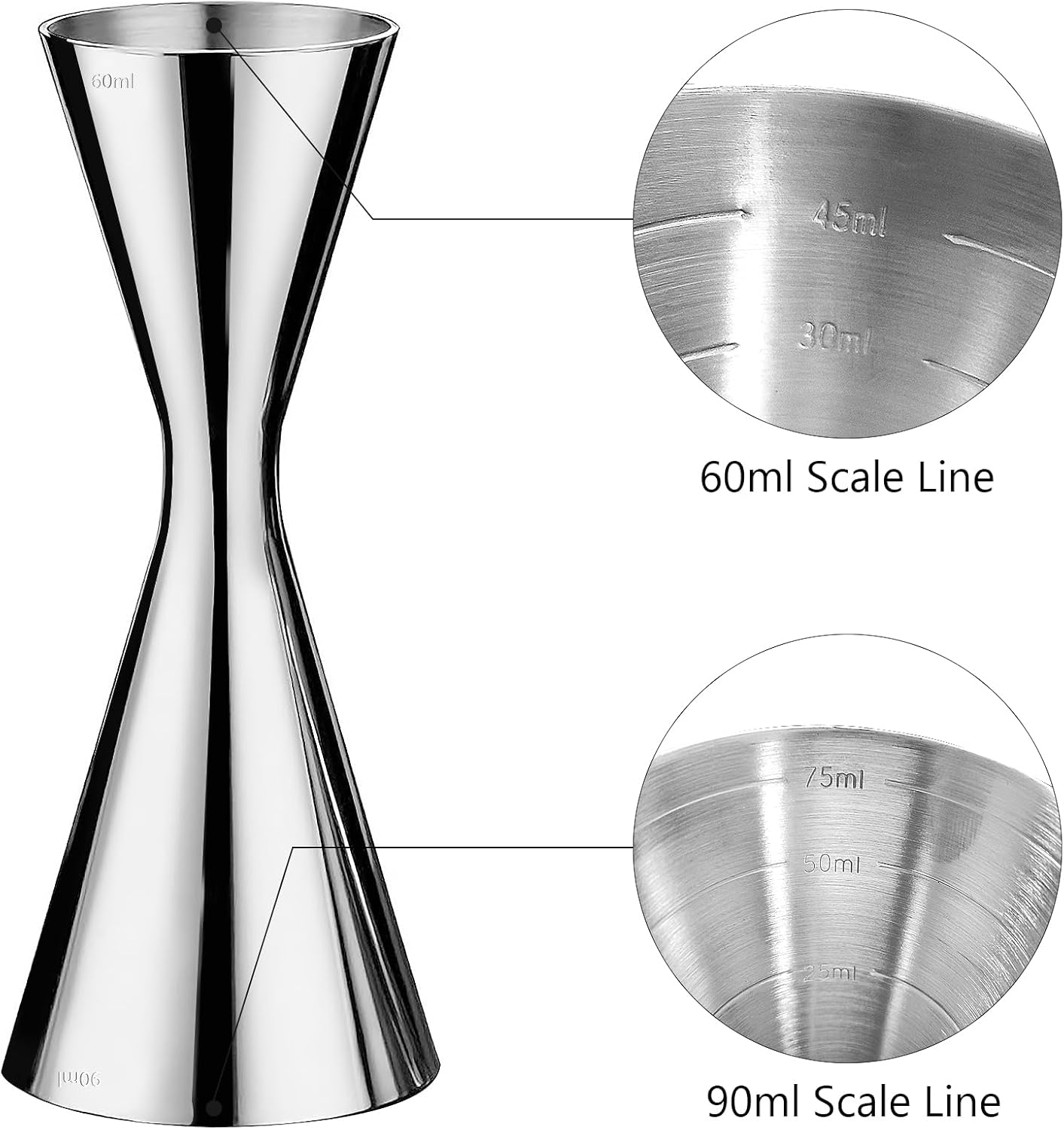 Cocktail Measuring Cup, Cocktail Jigger for Bartenders, Double Jigger with Inner Scale 60/90 Ml, Integrated Scales 304 Stainless Steel Measuring Cup, Bar Measure Dual Spirit Measure Cup, for Bars and Homes image number 5