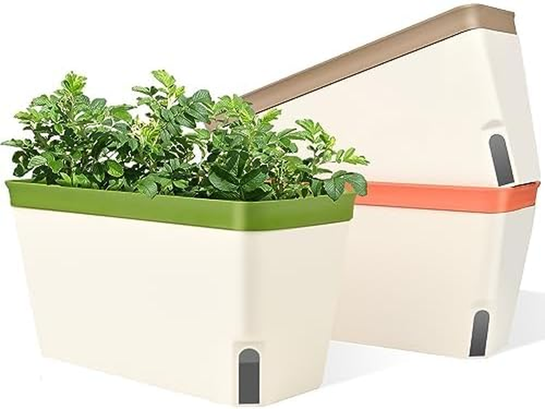 Self Watering Plant Pots, Set of 3 Rectangular Windowsill Herb Planter Box with Visual Water Level Window, Modern Plastic Herb Flower Pots for Indoor Outdoor Garden Balcony Planters image number 2