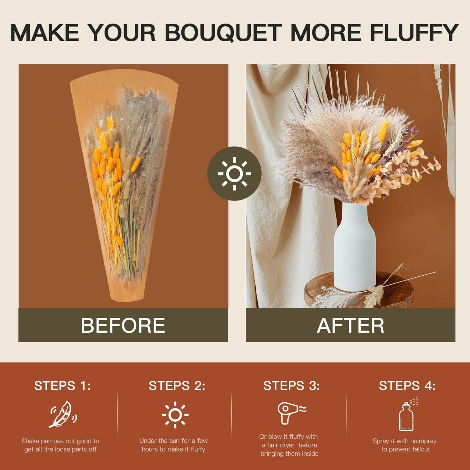 Fall Decor for Decorations for Home Autumn Thanksgiving Table Boho Flowers Orange Pampas Grass Fluffy Dried Flower Bouquet Dry Pompas 17"-95-Pcs Pompous (Orange) image number 5