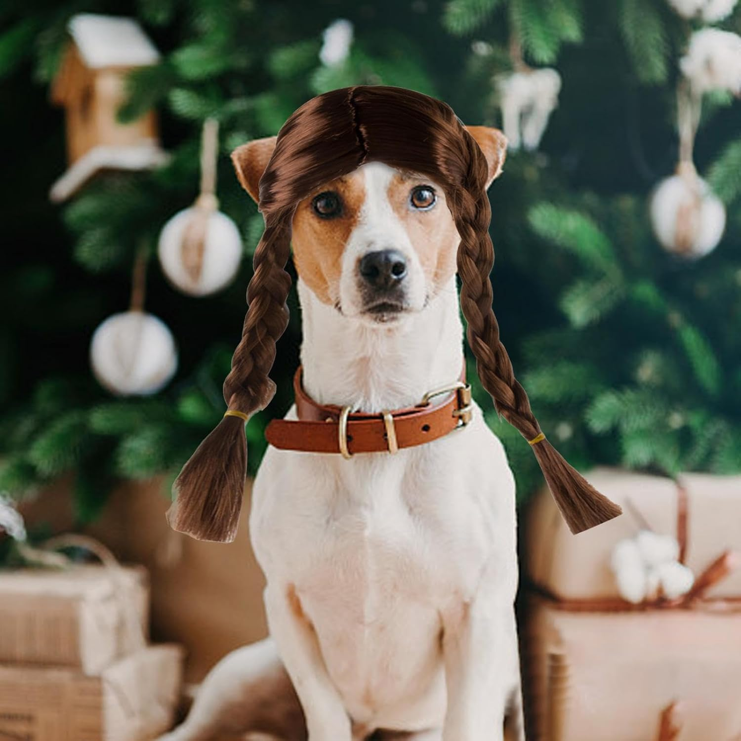 Dog Cosplay Wig,Brown Double Long Braid Cat Wig - Pet Cosplay Dog Wig for Halloween, Parties, Festivals Funny Pet Wig for Small Medium and Large Dogs image number 3