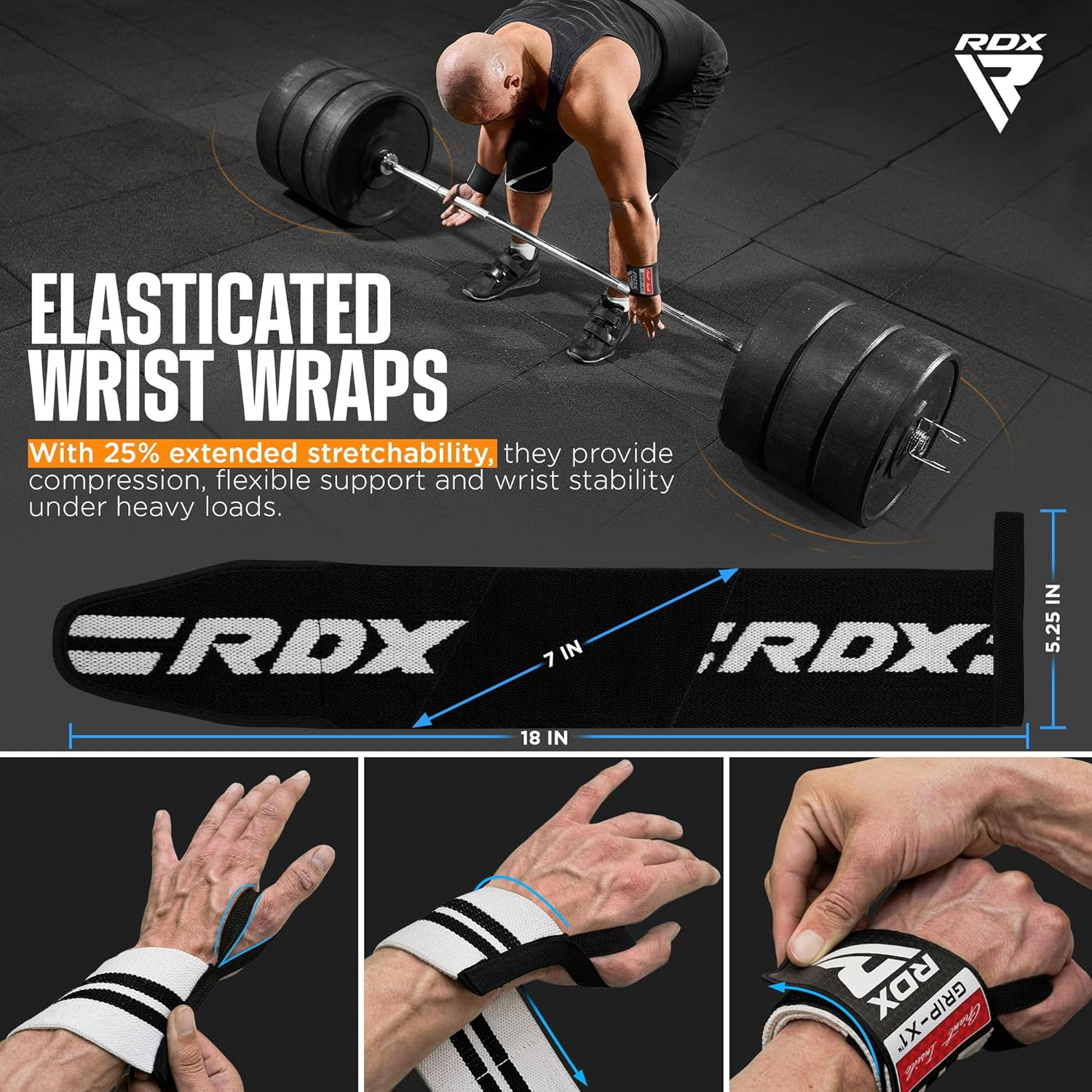 RDX Weight Lifting Wrist Support Wraps, IPL USPA Approved, Elasticated Pro 18&rdquo; Cotton Straps, Thumb Loop, Powerlifting Bodybuilding Fitness Strength Gym Training WOD Workout, Gymnastics Calisthenics image number 6