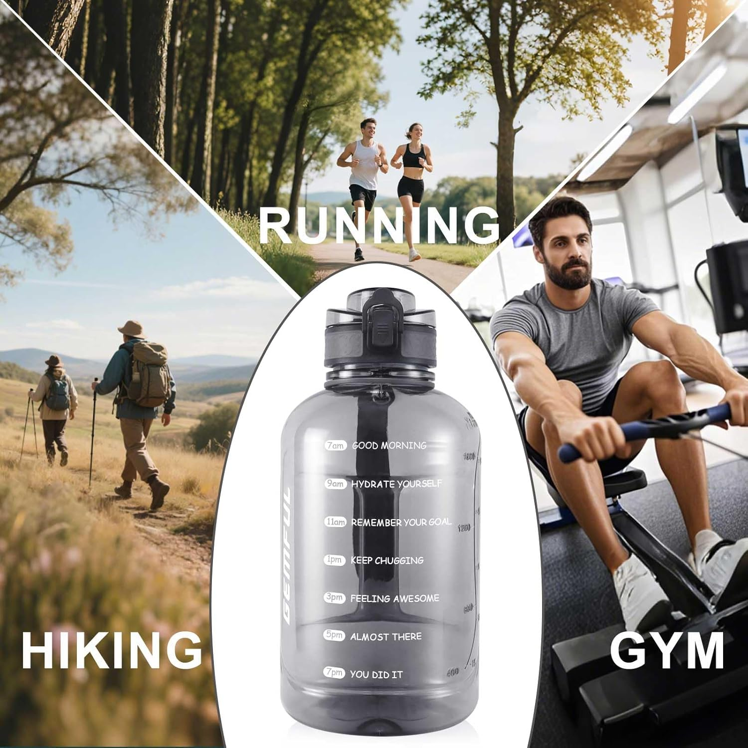 GEMFUL 64Oz Motivational Gallon Water Bottle Time Marked No Leak Water Jug Wide Mouth Leakproof BPA Free for Gym Sports Camping Fitness 2000Ml (Grey)