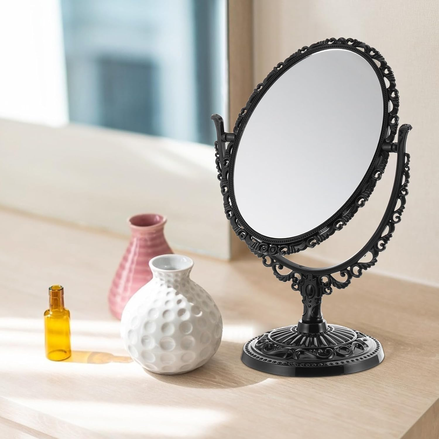 ULTECHNOVO Vintage Black Oval Double-Sided Makeup Mirror Swivel Base, Large Retro Metal Cosmetic Mirror for Vanity Desk and Dressing Table Use image number 3