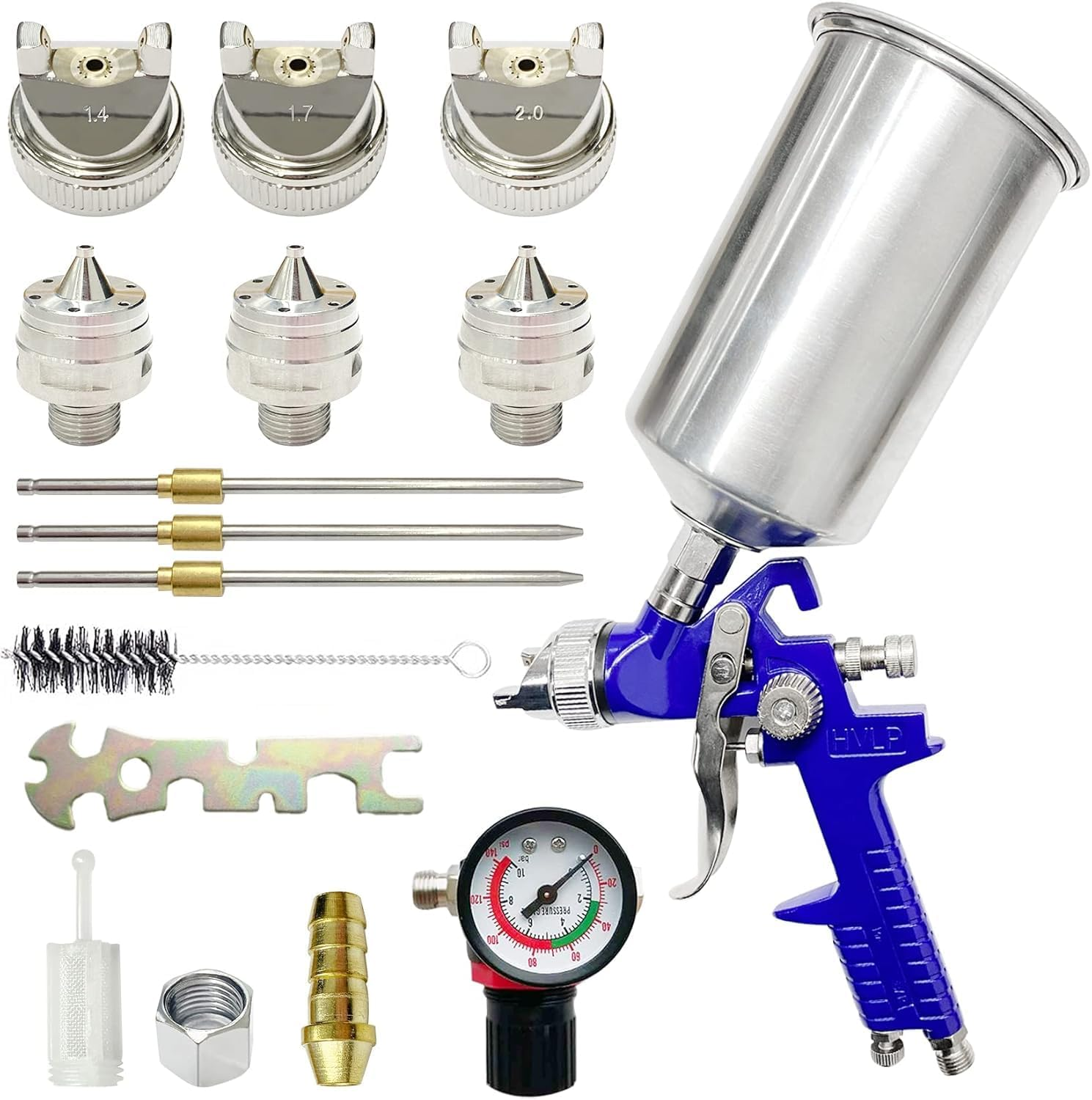 Automotive Paint Spray Gun Set, HVLP Gravity Feed Spray Gun with 1.4Mm 1.7Mm 2.0Mm Nozzles, Paint Gun with 1000Cc Aluminum Cup & Gauge for Auto Paint, Clear/Top Coat & Touch-Up (Blue-B) image number 2