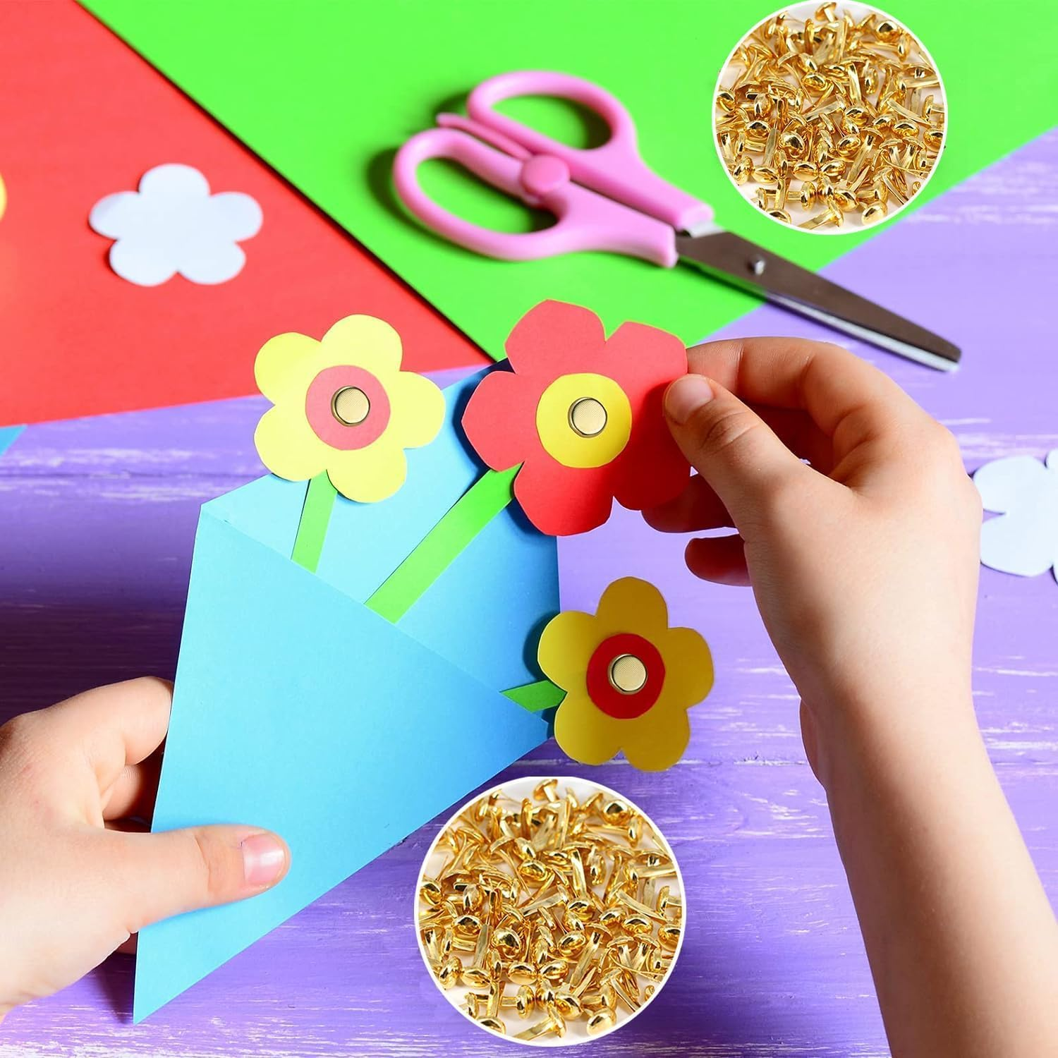 400PCS Split Pins, Betterjonny Coloured Paper Fasteners round Metal Head Mini Brads with Double Toe Studs for Art Decorative Scrapbooking DIY Paper Craft School Accessoires(18 * 8Mm) image number 2