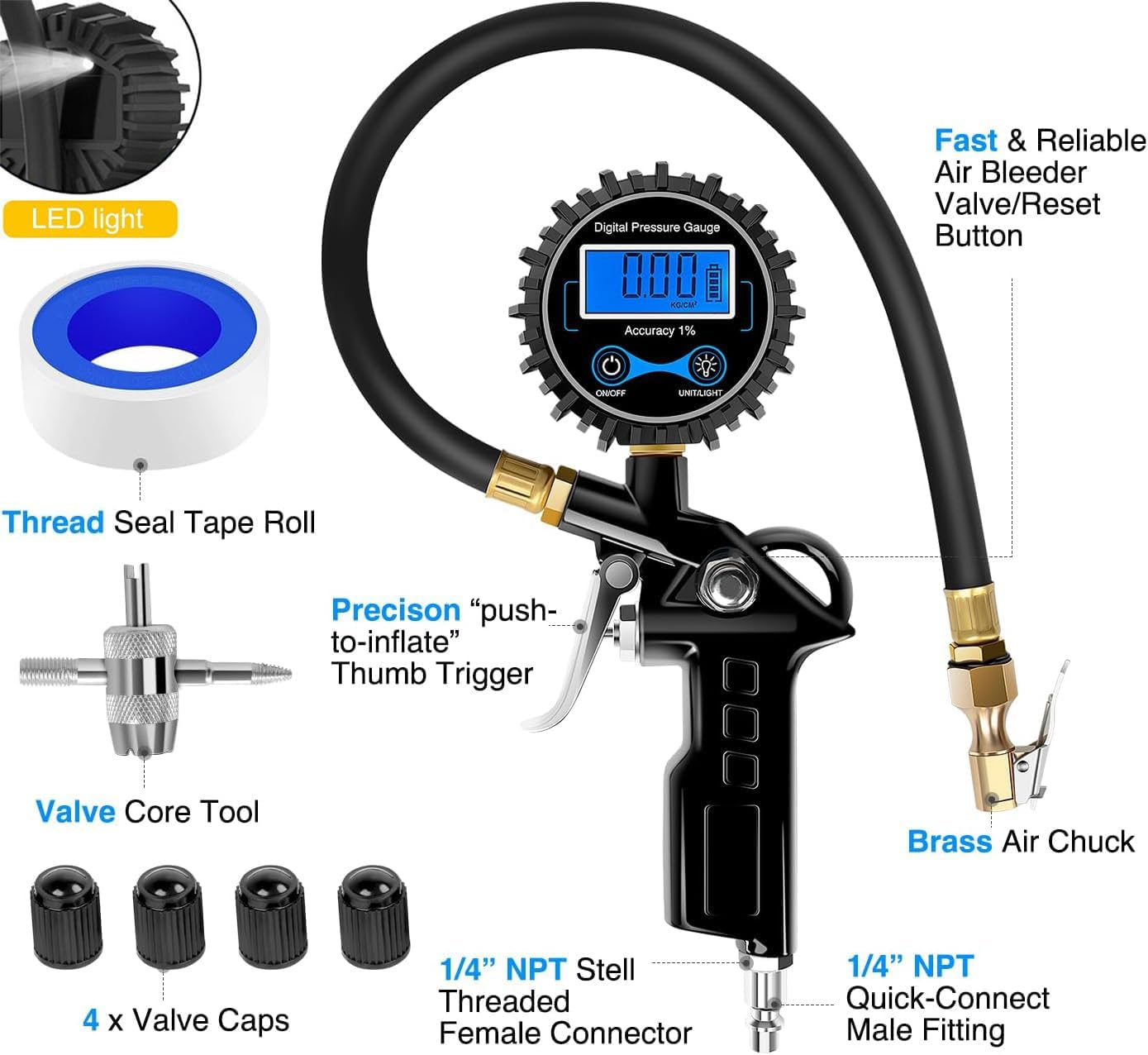 KEWAYO Digital Tyre Inflator with Pressure Gauge, 0.1 Display Resolution 200 PSI Air Chuck and Compressor Accessories Heavy Duty with Rubber Hose and Quick Connect Coupler, for Car Truck image number 4