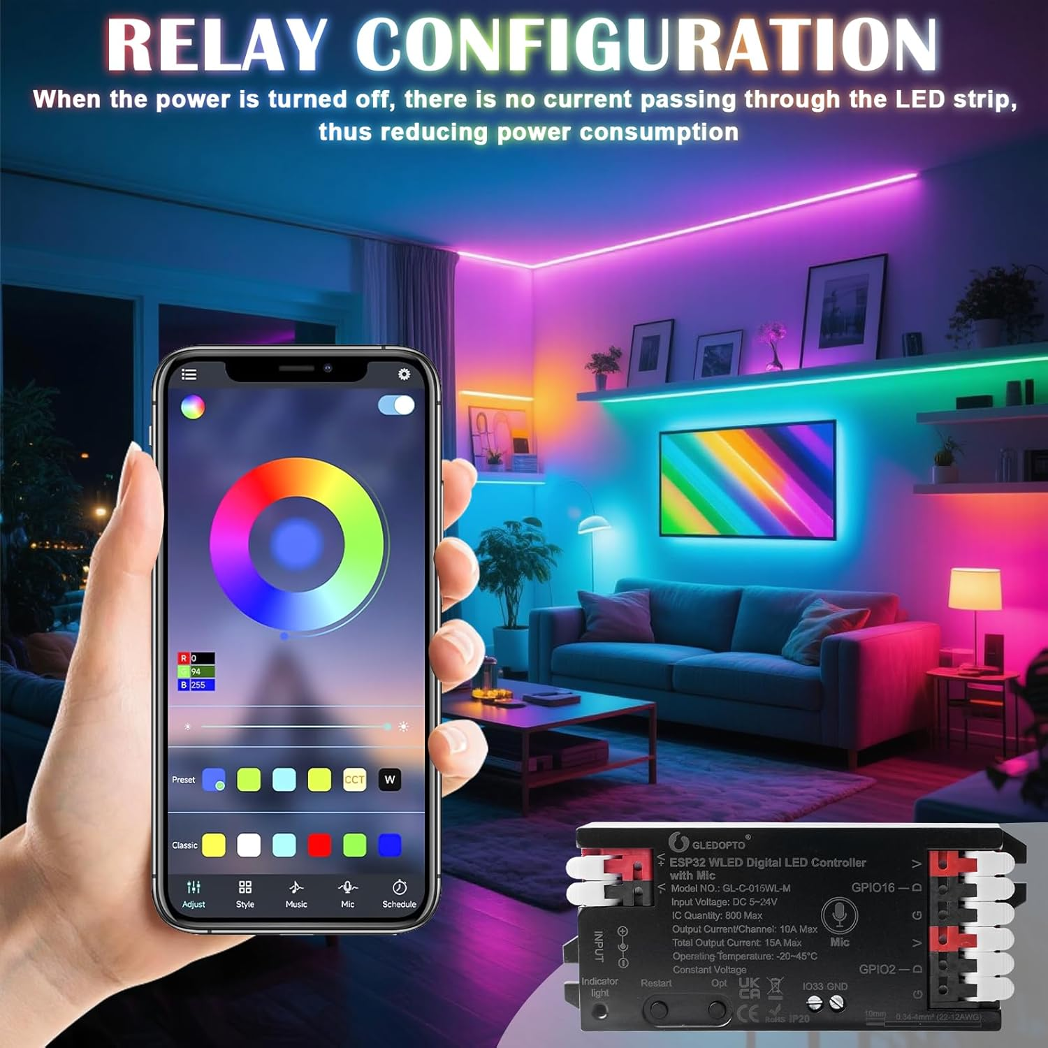 WLED Controller with Microphone, ESP32 DC 5V-24V Digital LED Strip Controller for Addressable LED Strips Digital RGB IC WS2811 WS2812B SK6812 WS2815 RGBW Addressable FCOB LED Strip image number 5