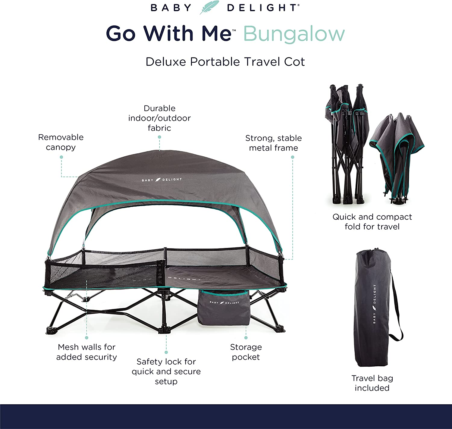 Baby Delight Go with Me Bungalow Deluxe Portable Cot, Toddler Travel Bed, Indoor and Outdoor, Sun Canopy, Grey & Teal image number 5
