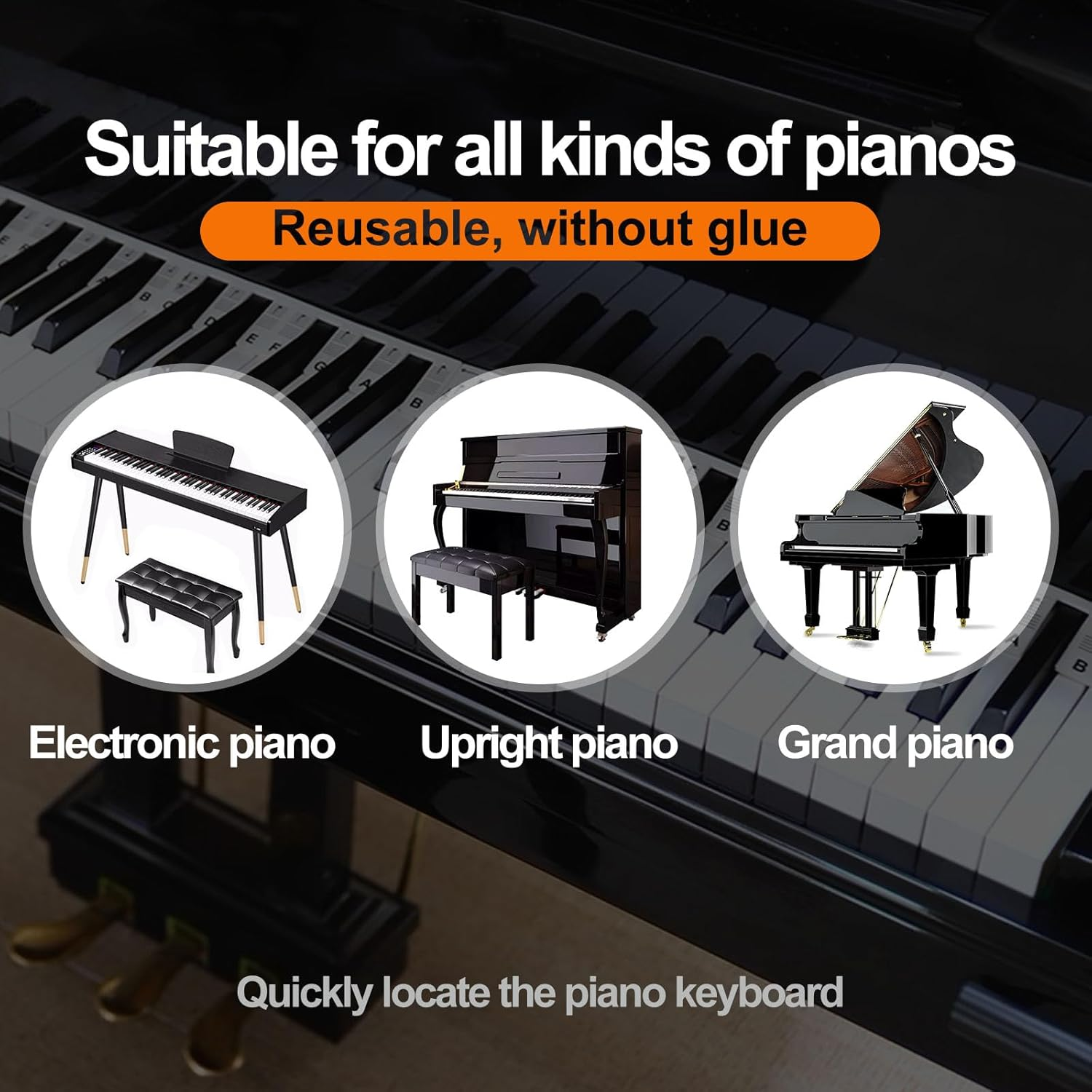 Blingkingdom Removable Keyboard Note Labels 88-Key Full Size Silicone Music Guides Key Letter Label Washable Overlay Strips for Beginner Piano (Rainbow Color) image number 3