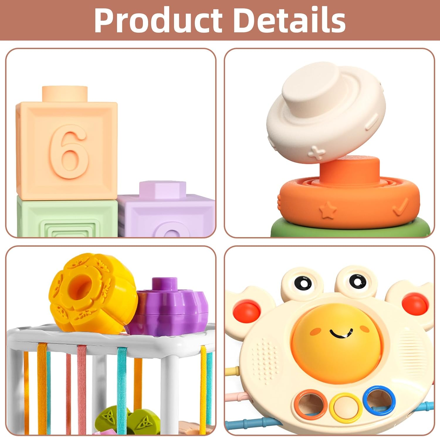 4 in 1 Montessori Baby Toys for Babies 6-18 Months,Pull String Teether, Infant Stacking Blocks, Sensory Shapes Storage Bin, Ideal Baby Boy Girl Gifts, Infant Toys 1 2 3 Year Old Boys Girls image number 3