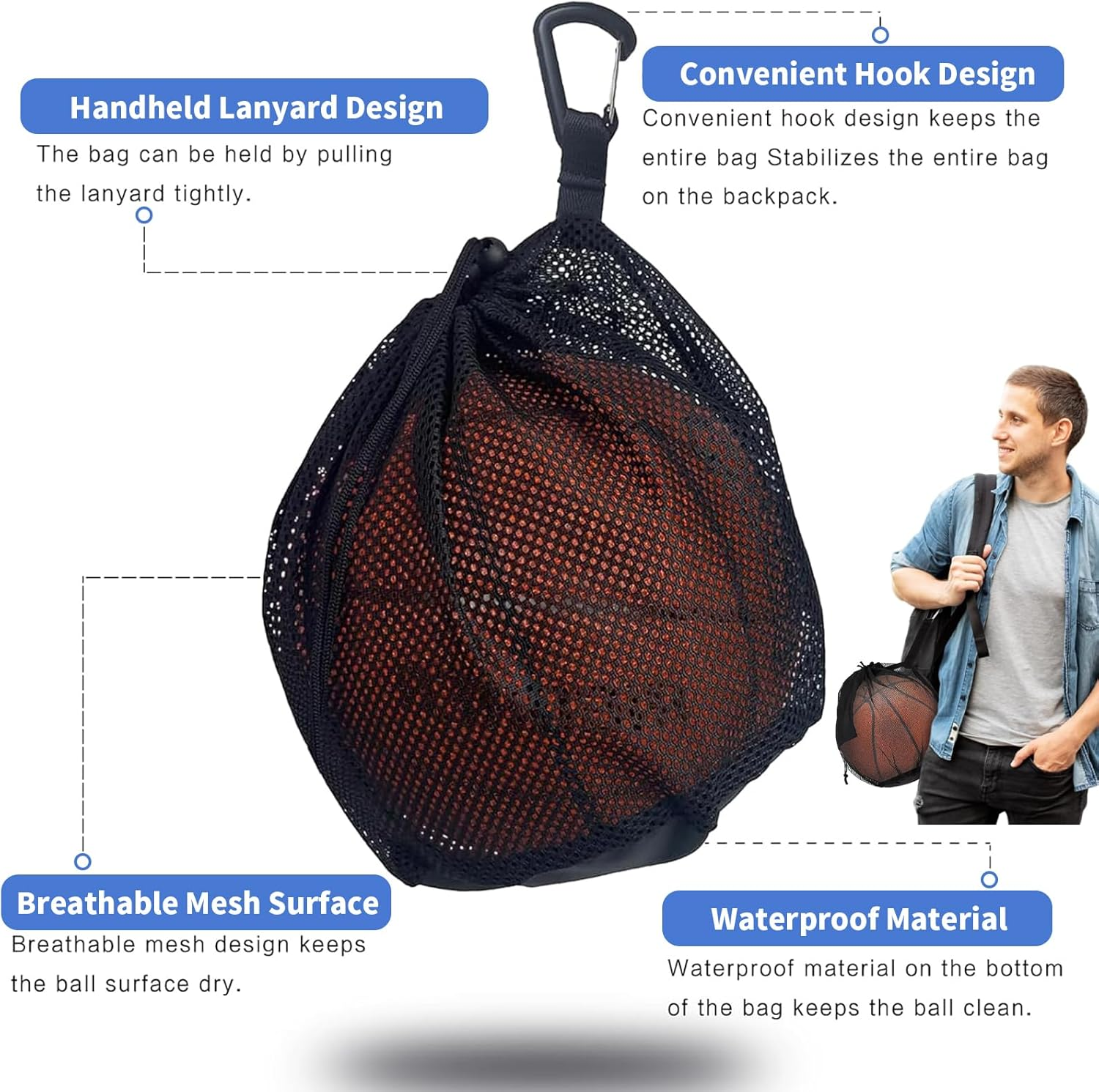 2 PCS Drawstring Basketball Bag, Basketball Football Volleyball Carry Bag, Clip on Ball Holder for Backpack, Basketball Storage Net Bag, Mesh Handbag Ball Bag for Basketball Football Volleyball image number 6