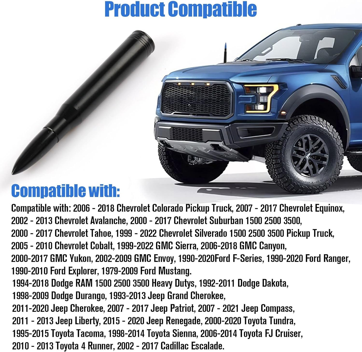 BJSIA Universal Car Antenna Compatible with Ford F150 F250 F350 Super Duty Raptor Dodge RAM 1500 2500 3500 Antenna - Made of Rugged Billet and Aluminum, Black, Car Accessories - Blue image number 2