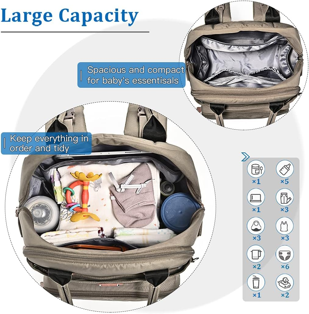 Dikaslon Changing Bag Backpack, Large Nappy Back Pack Multifunction Baby Bags with Portable Changing Mat, Pacifier Holder, and Stroller Straps, for Mom and Dad, Khaki image number 2