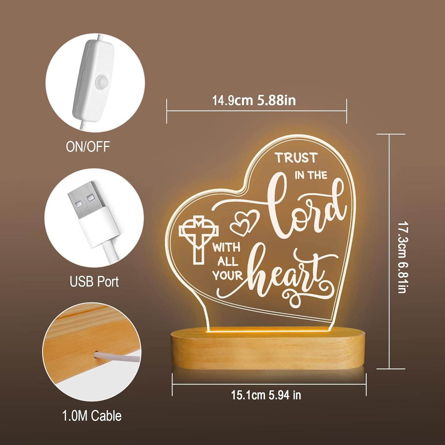 Attivolife Jesus Night Light, Lord Gift with Warm White Light with Wood Base, the Sacred Home Decor Xmas Birthday Easter Thanksgiving Day Gift Lord Desk Lamp for Christian Saint - Lord image number 4