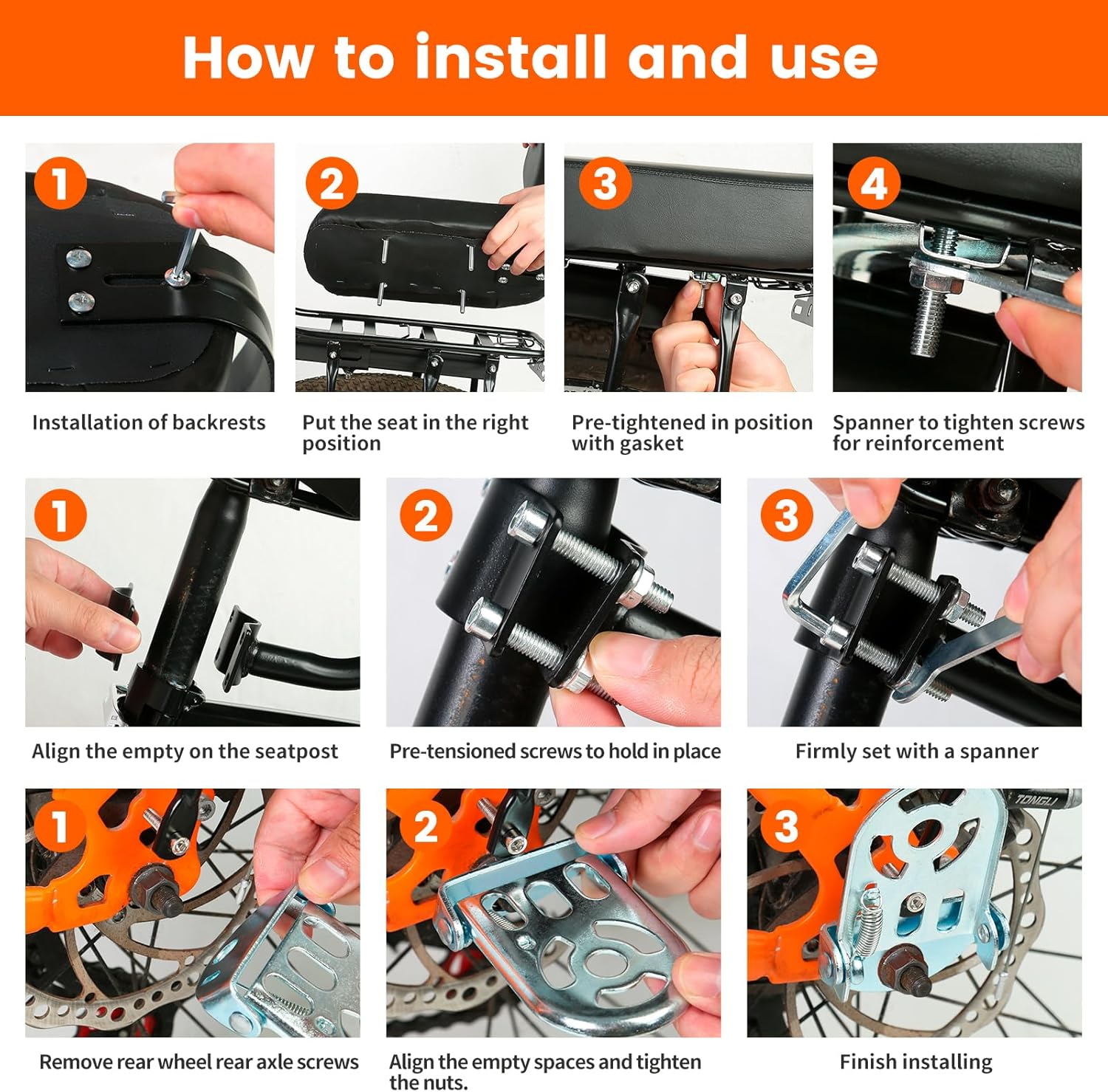 Child Bike Rear Seat Bike Back Seat with Backrest Child Bicycle Rear Seat Bicycle Rear Back Seat Cushion Bike Back Seat Safety Armrest Handrail Feet Pedals Kids Bike Seat Carrier for over 5 Years Old image number 1