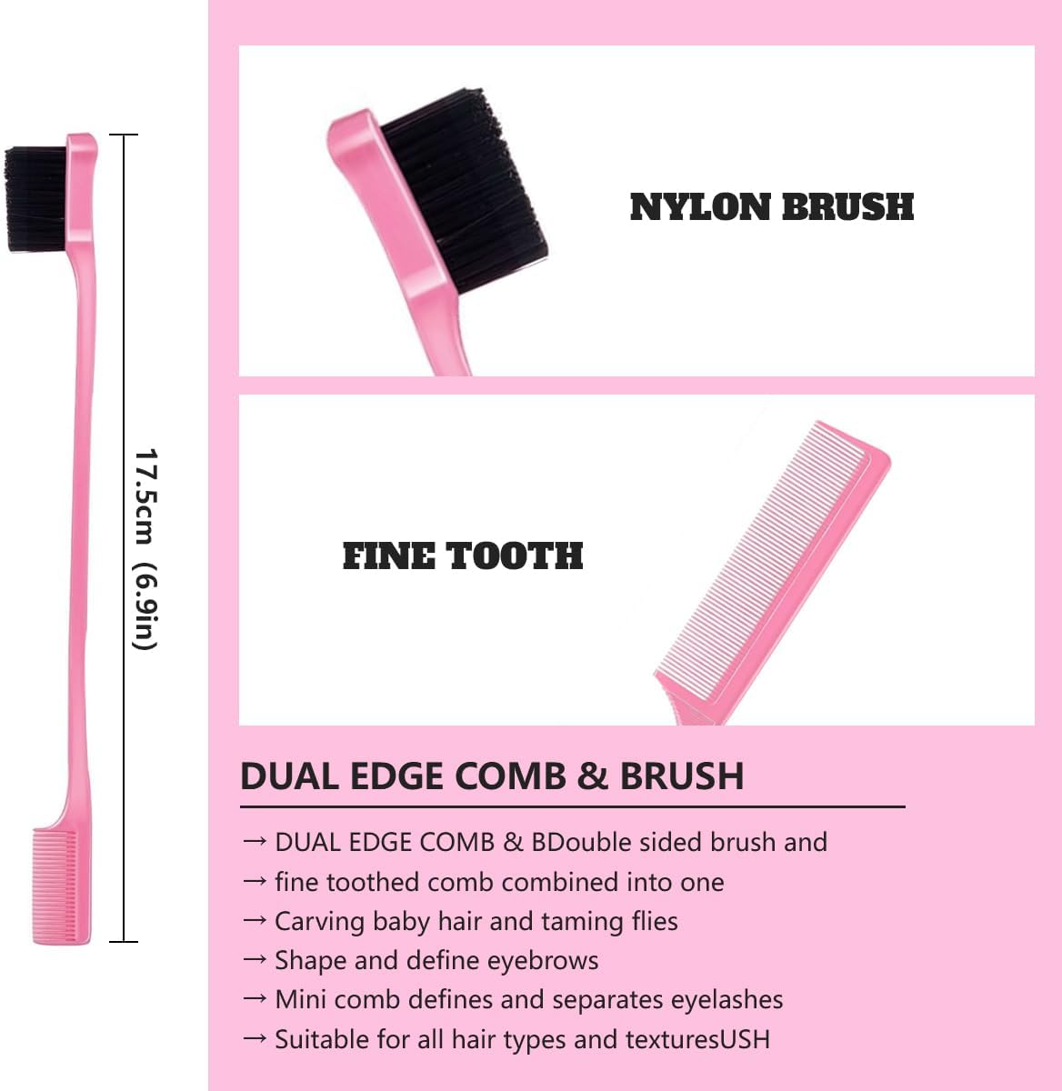 3 Pcs Slick Back Hair Brush, Edge Control Brush Kit - Includes Bristle Brush, Rat Tail & Parting Comb, Teasing Comb for Curly Hair, Sleek Ponytails, Smoothing Baby Hair & Flyaways for Women & Girls (Pink) - Black image number 2