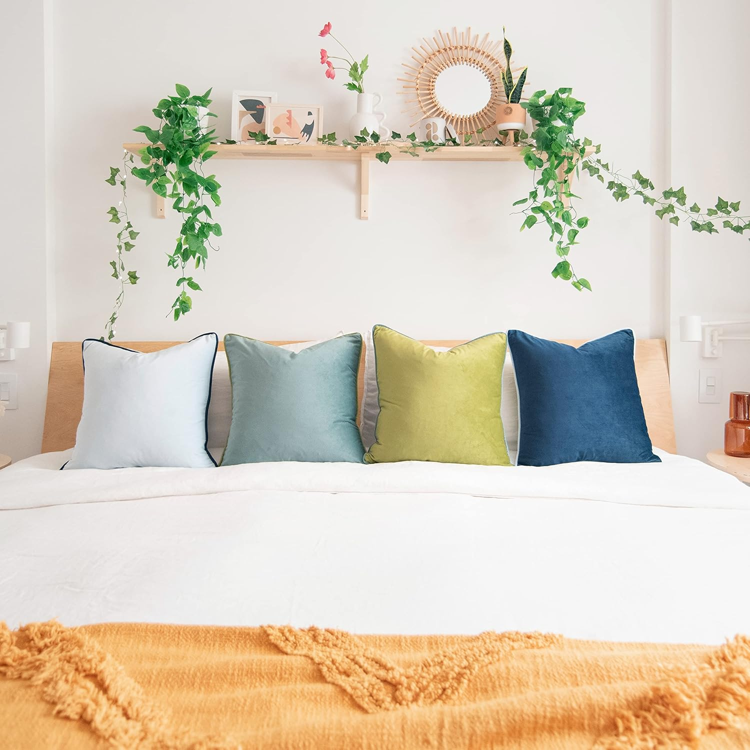 MONDAY MOOSE Decorative Throw Pillow Covers Cushion Cases, Set of 4 Soft Velvet Modern Double-Sided Designs, Mix and Match for Home Decor, Pillow Inserts Not Included (18X18 Inch, Green/Blue) image number 3