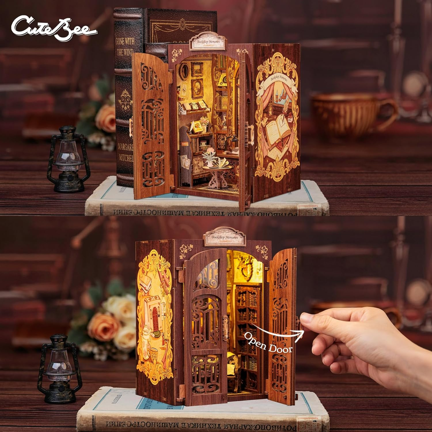 CUTEBEE DIY Book Nook Kit,3D Wooden Puzzle Dollhouse Kit Booknook Miniature Kit DIY Book Nook Kits for Adults and Teens Tiny House Bookshop Memories Model Kits DIY Kits for Gift