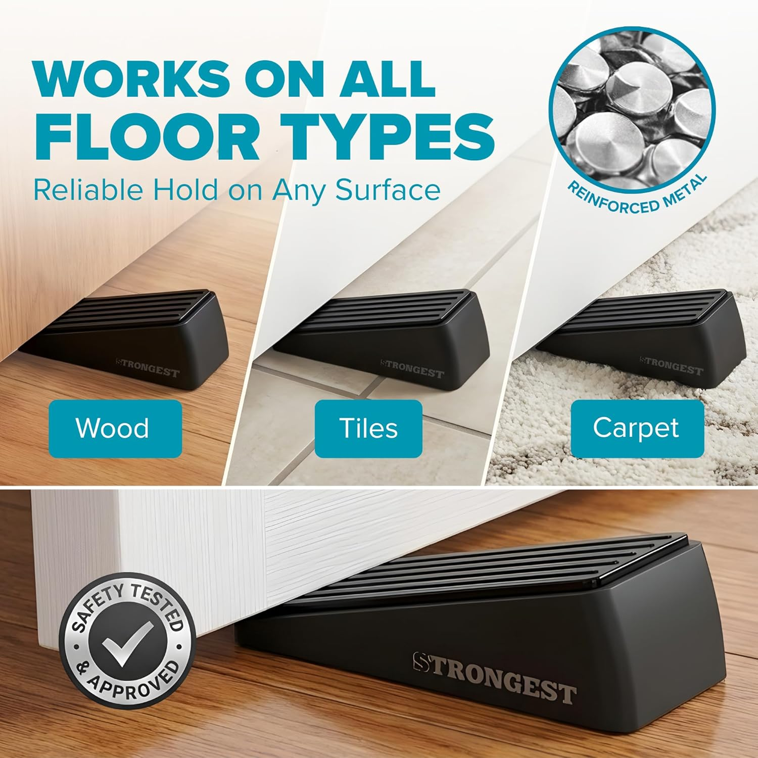 Strongest Door Stopper, Heavy Duty Door Stop Wedge Made of Premium Quality Zinc and Rubber Suits Any Door,Any Floor. Set of 2 plus Bonus Self Adhesive Wall Protectors (Black, 2 Pack) image number 5