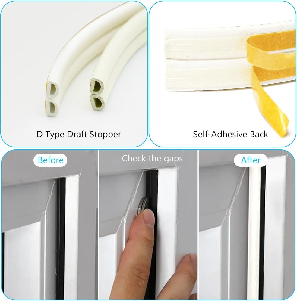 RINGSUN Door Seal Strip, 20-Feet Window Door Draft Stopper, Sealing Strip Self-Adhesive for Door Gap Insulation, Sound Proofing & Wind Dust Proof, White image number 2