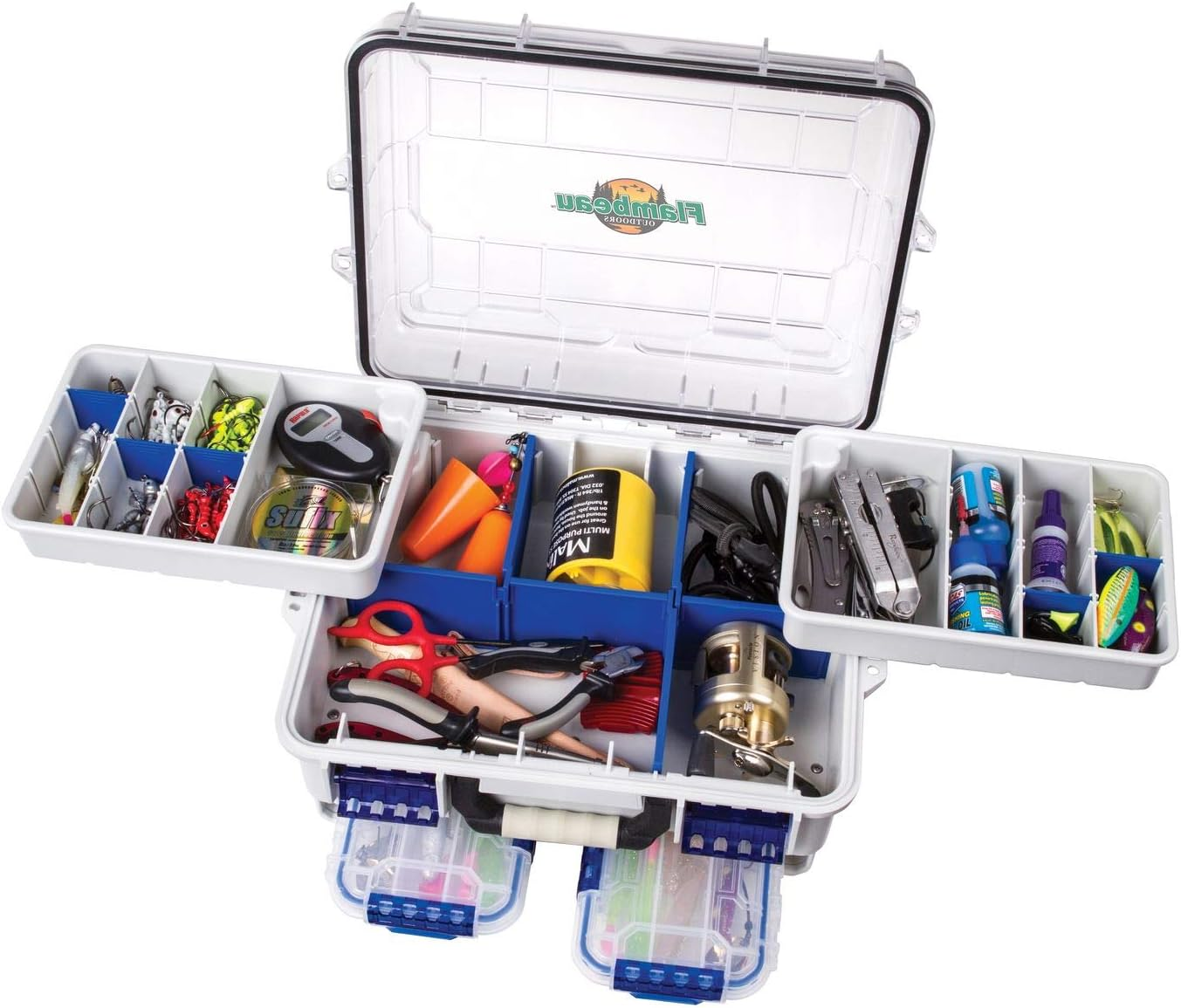 Flambeau Outdoors 3000WPBC Waterproof Satchel with [2] WP3012 Ultimate Tuff Tainers Included, Portable Waterproof Tackle Box with Trays and Base Cage, Gray/Clear image number 2