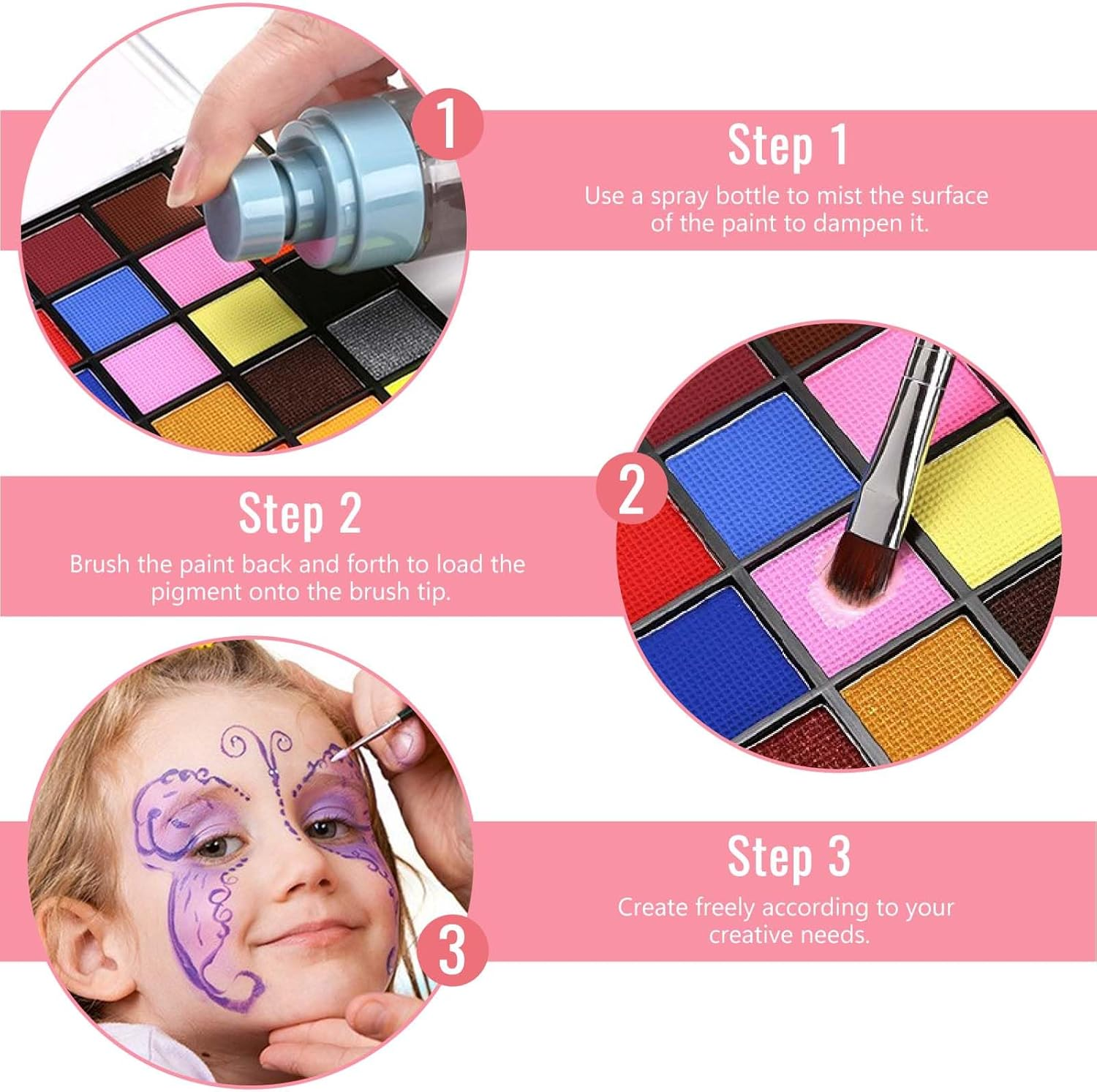 FLYTIN 44 Color Face Painting Kit - Non Toxic Water Activated Face Paint Palette with Stencils, Brush, Gems. for Carnival, Halloween, Costume Makeup and Any Creative Activity image number 3
