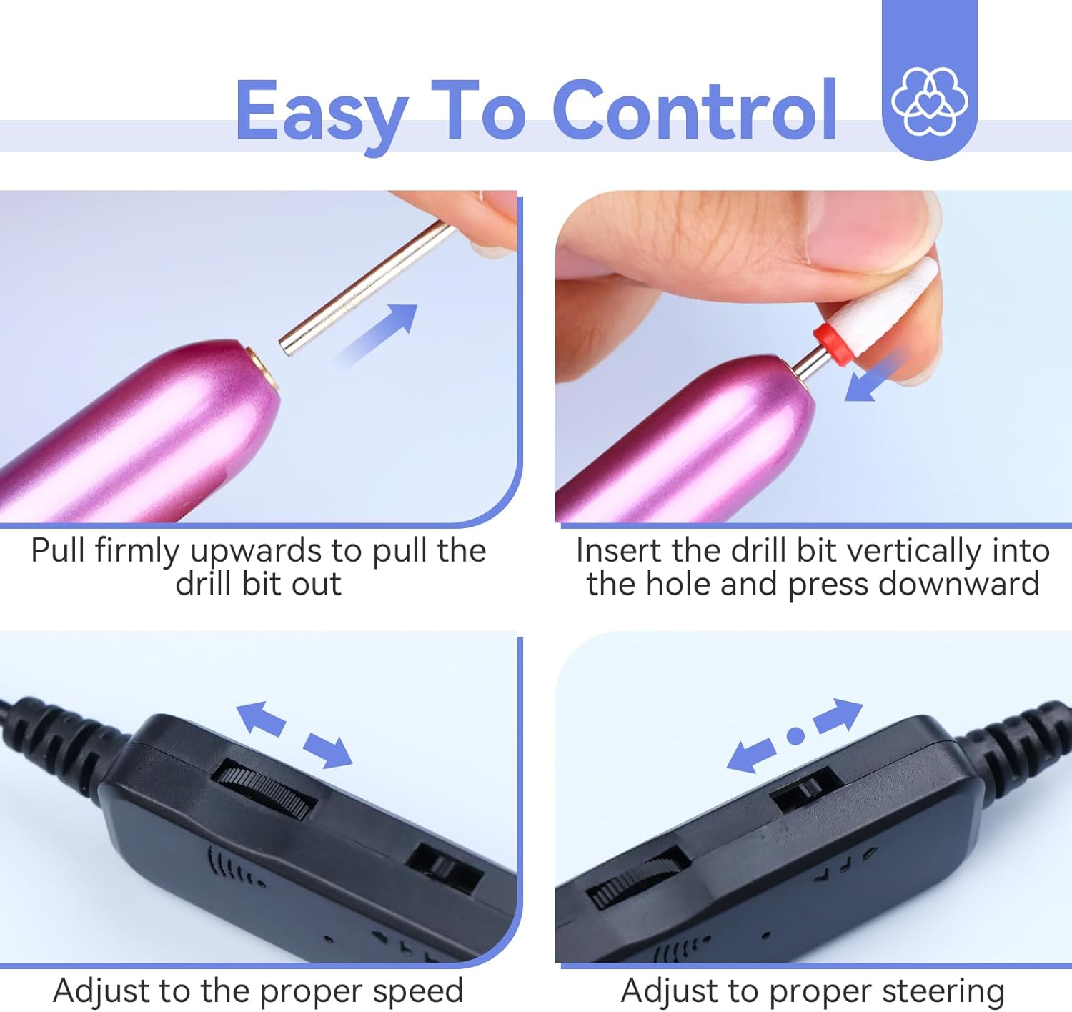 Saviland Portable Electric Nail Drill - 20000 RPM USB Electric Nail File with 7 Nail Drill Bits & 51 Sanding Bands for Nail Prep Acrylic Nails Dip Nails Gel Nails Home Salon Use, Blue-Violet Gradient image number 3