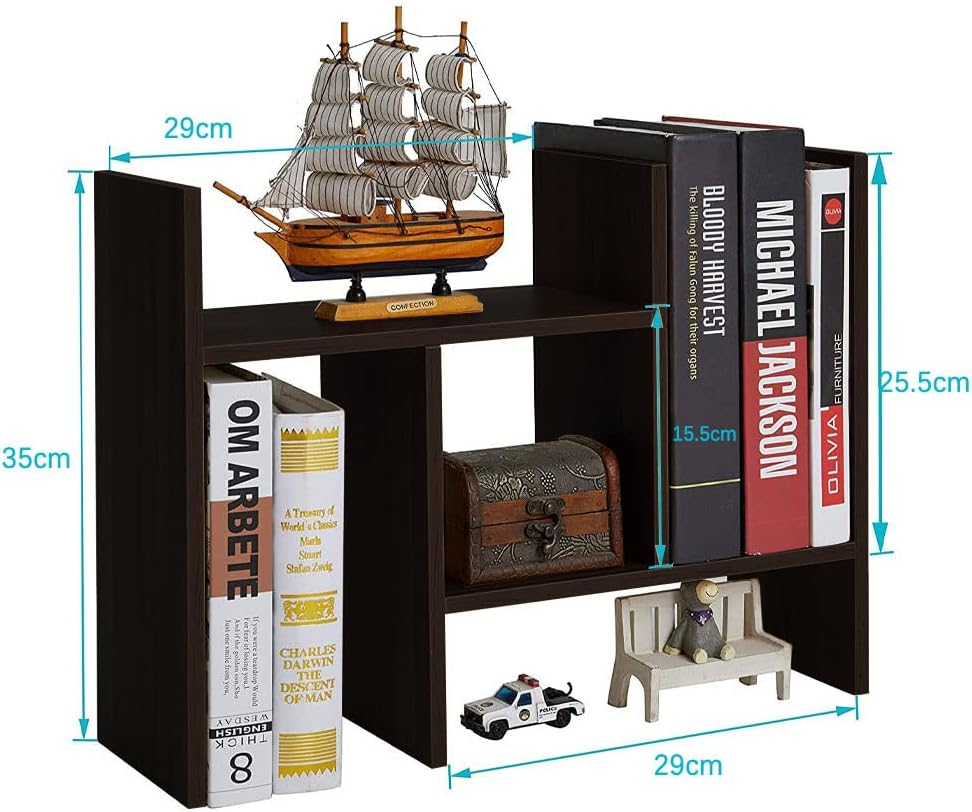 Office Desktop Bookshelf Adjustable Large Wood Display Shelf Desktop Organizer Office Storage Rack Countertop Bookcase Office Supplies Desk Organizer Accessories (Black) - Black image number 5