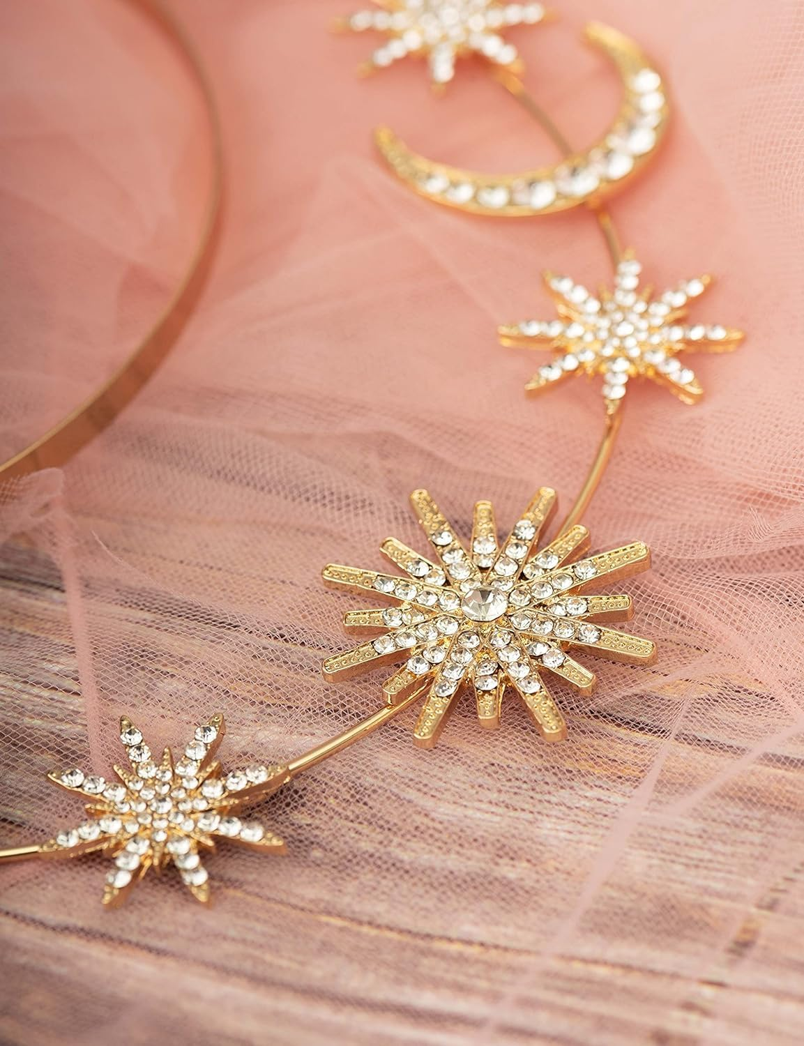 2 Pcs Crystal Halo Crown Gold&Sliver Star Baroque Headband Goddess Headpiece Bridal Wedding Tiara and Crowns Hair Accessories for Women and Girls (Gold & Sliver) image number 3