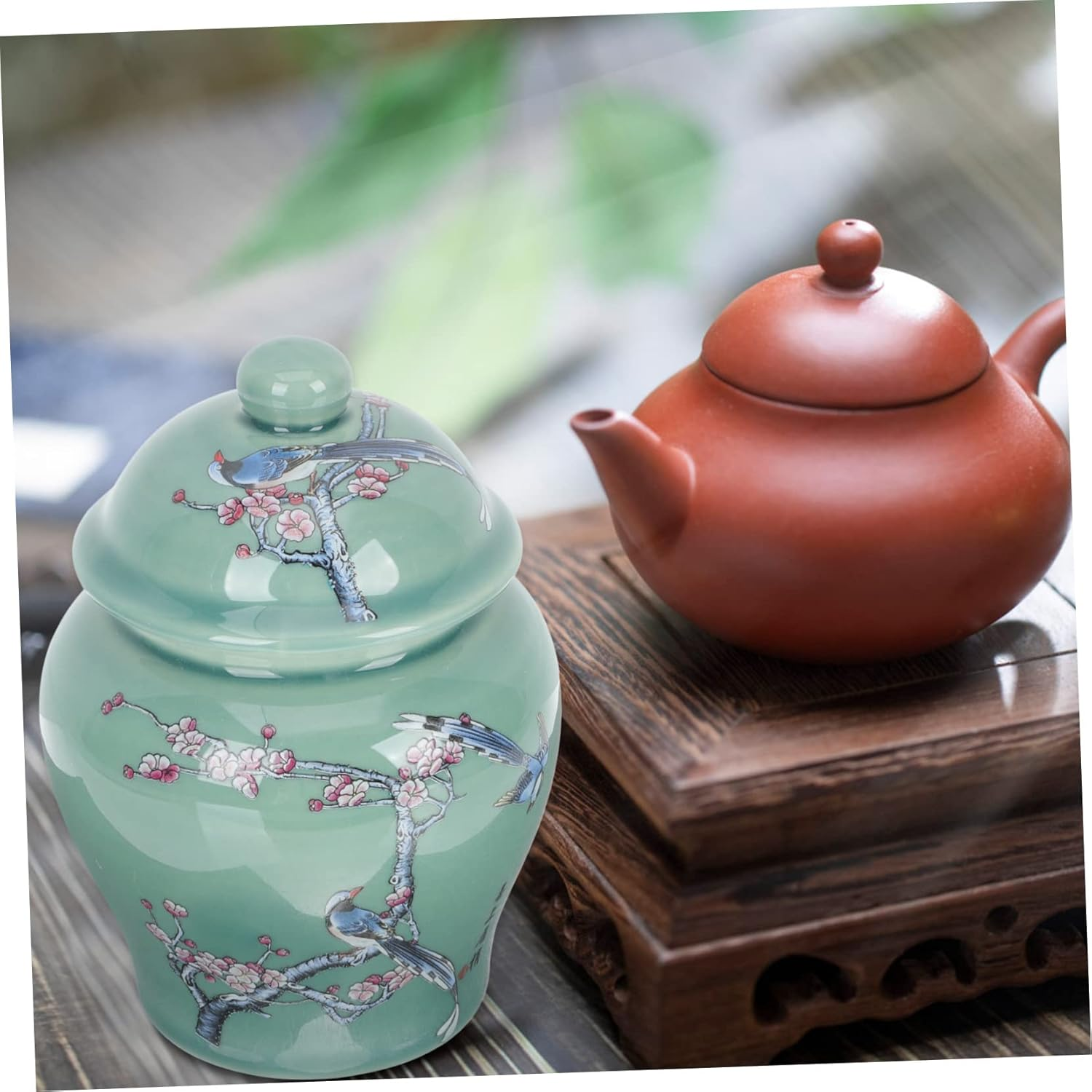 Mikinona Chinese Style Ceramic Tea Jar Small Sealed Loose Tea Container Oriental Food Canister for Home Kitchen Storage image number 5
