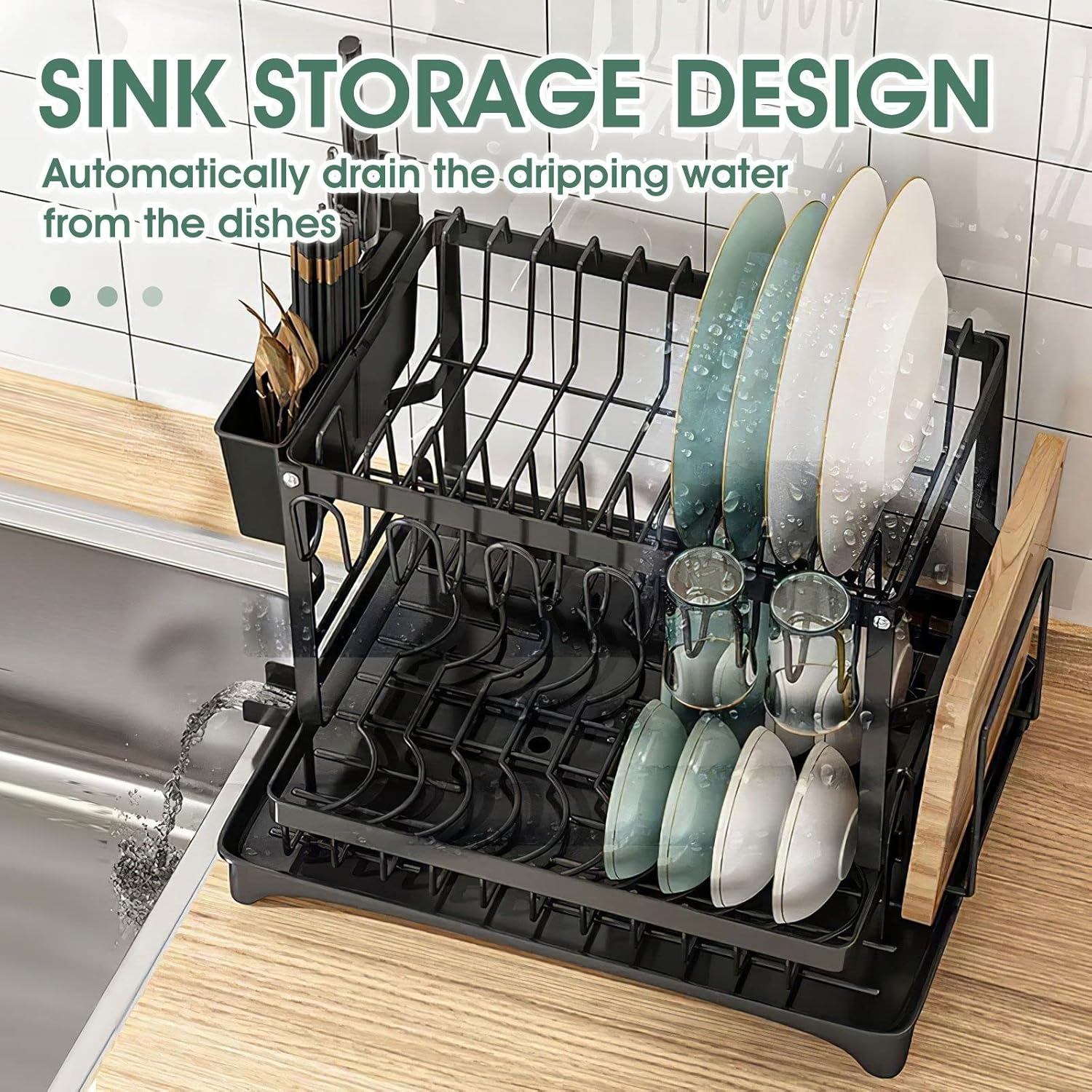 2 Tier Dish Drainer Auto Drainage Dish Drying Rack Kitchen Counter Organizer Rustproof Cutlery Holder Storage for Utensil Chopping Board Cup Black image number 4