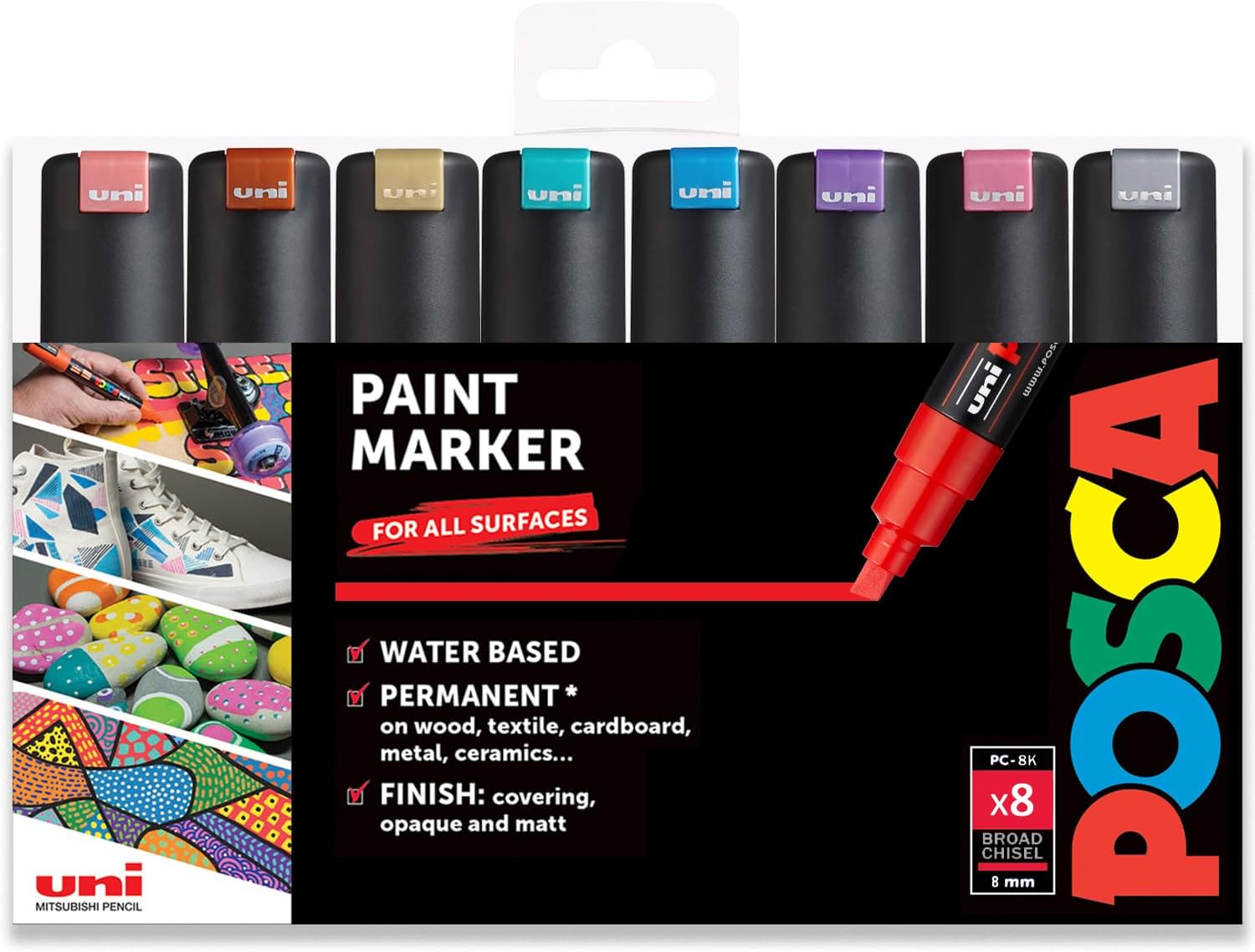 Posca PC-8K Water Based Permanent Marker Paint Art Pens - 8Mm Chisel Tip Nib - Set of 8 in Plastic Wallet - Essential Tones