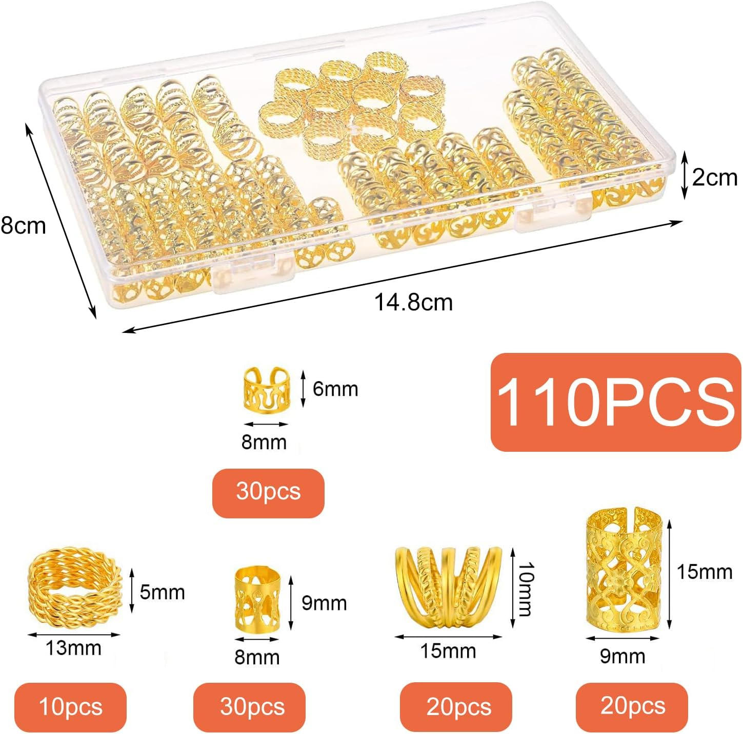 Icovalescent Pack of 110 Gold Hair Accessories for Braids, Adjustable Metal Hair Braid Rings, Hair Accessories for Dreadlocks for Men, Women, Girls and Boys Braids image number 3