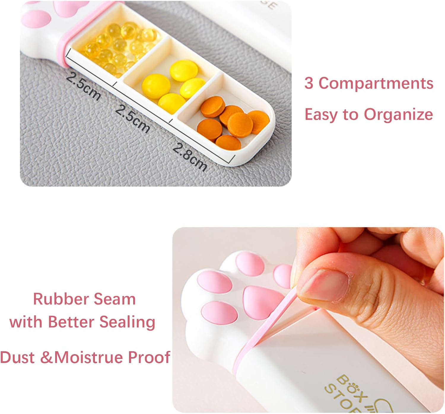 Daily Pill Organiser Box, Cute Cat Paw, 3 Compartments Pill Holder Container, Small Portable Pill Case for Travel Pocket Purse, Kawaii Gift (Pink) - Grey image number 6