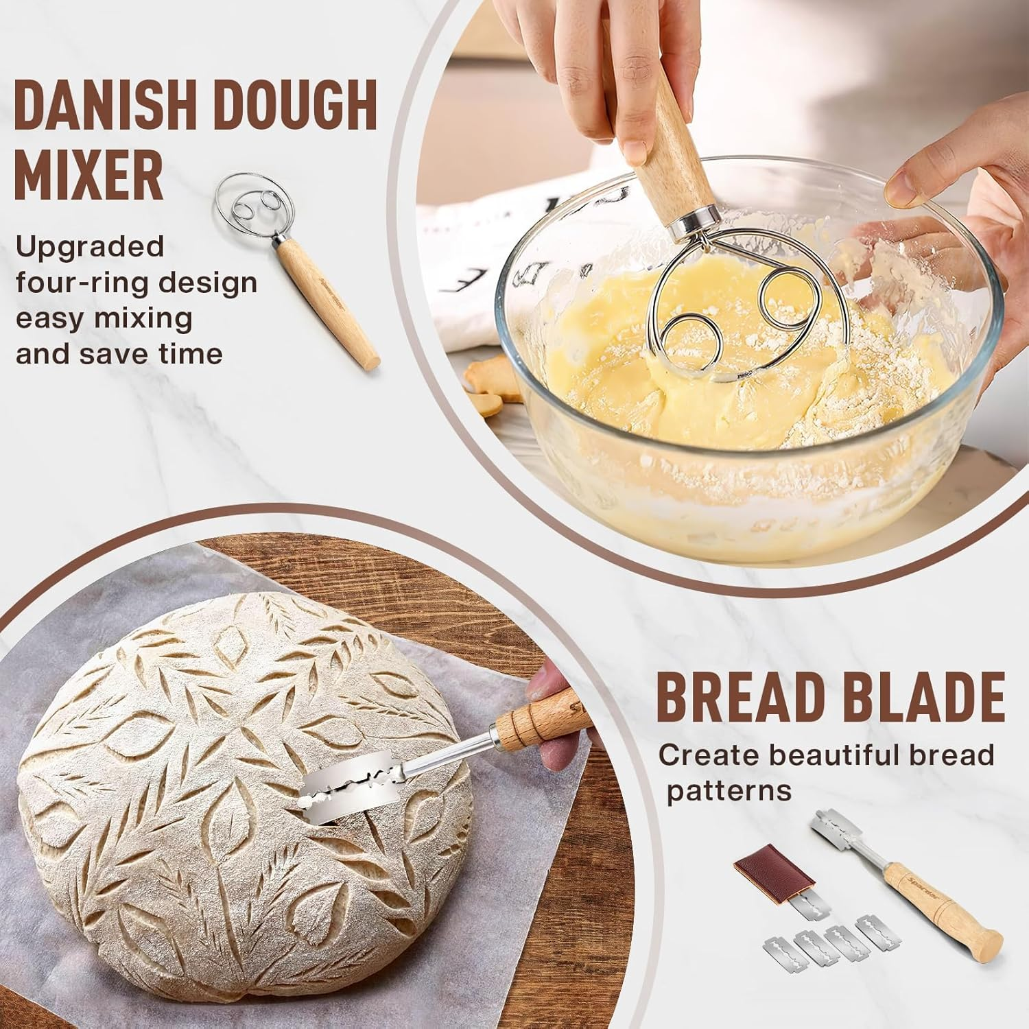 Sourdough Starter Kit, Bread Proofing Basket Set Oval Round, Sourdough Kit with Bread Lame, Danish Dough Whisk, Dough Scraper, Bread Bag and Brush image number 6