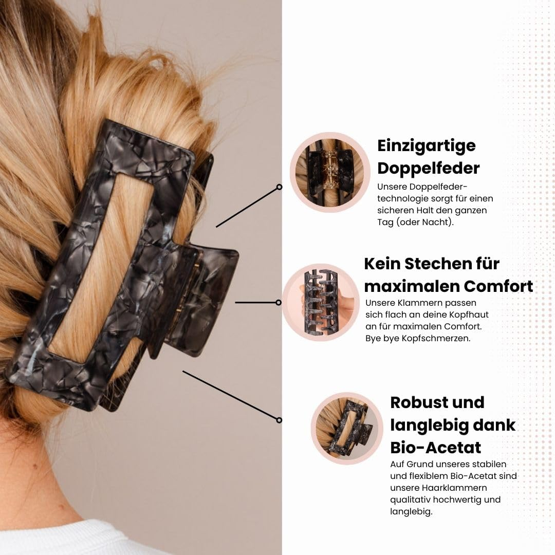 CLAIDE Theresa XL Hair Clip (12.5 Cm) - Innovative Double Spring Technology, Extra Strong Hold for Thick & Long Hair - Handmade from Organic Acetate - Comfortable & Gentle on the Head (Black) image number 2