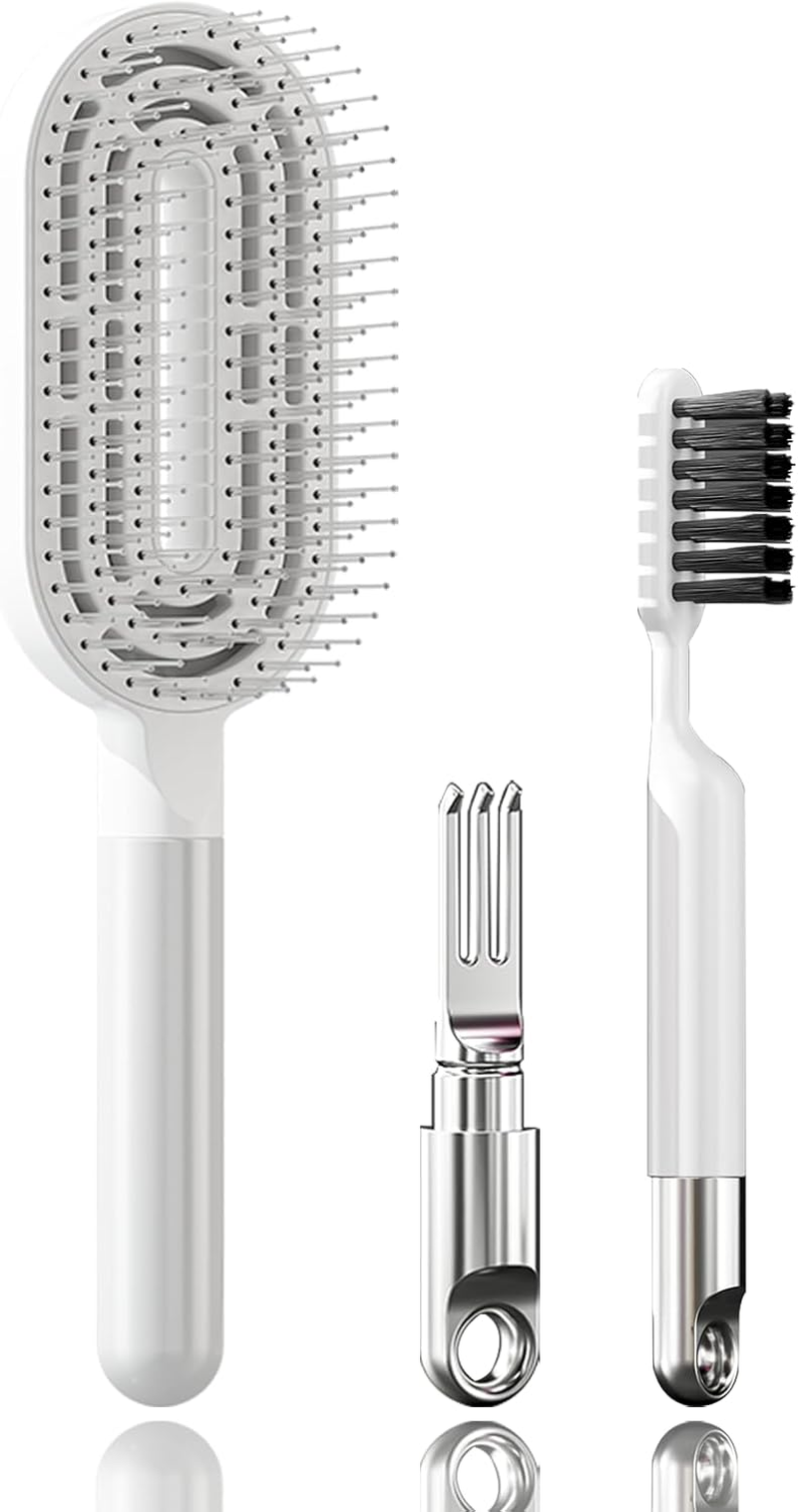 Whaleo Hair Brush without Pulling for Men and Women - Detangling Brush Also for Curls and Long Hair - Hair Brush Unique Professional Brush Long Hair with Hair Brush Cleaner, White